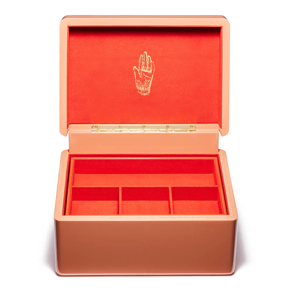 Brass blush pink lacquer jewelry trunk box holder by Trove Tiny Gods