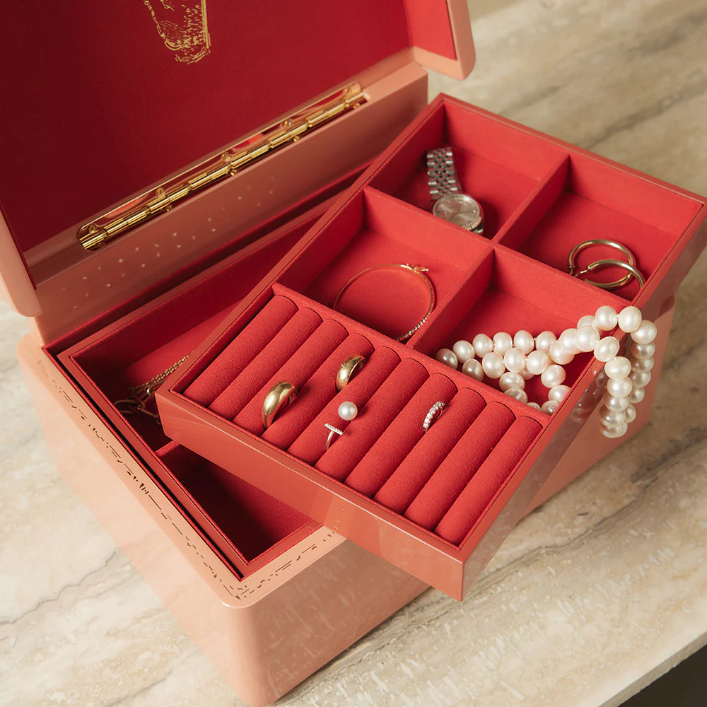 Brass blush pink lacquer jewelry trunk box holder by Trove Tiny Gods