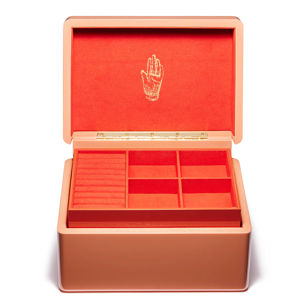 Brass blush pink lacquer jewelry trunk box holder by Trove Tiny Gods