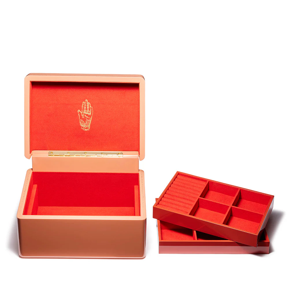 Brass blush pink lacquer jewelry trunk box holder by Trove Tiny Gods