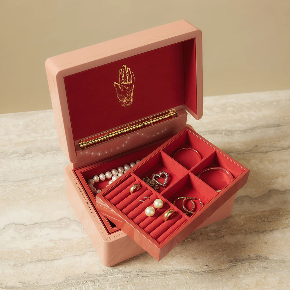Brass mini blush pink lacquer jewelry box trunk holder for necklaces bracelets rings by Trove Tiny Gods