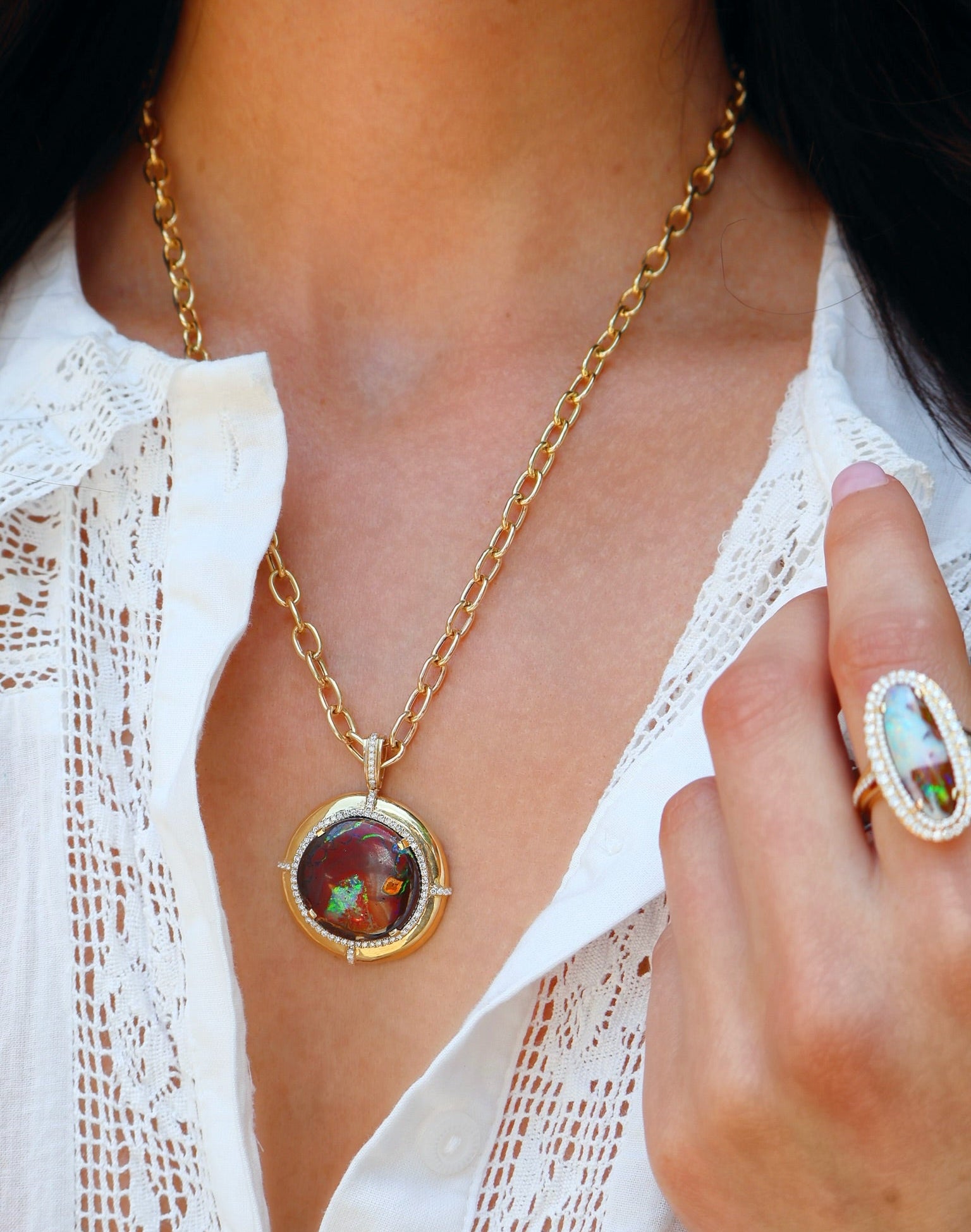 brown opal and diamonds pendant necklace in yellow gold by goshwara tiny gods