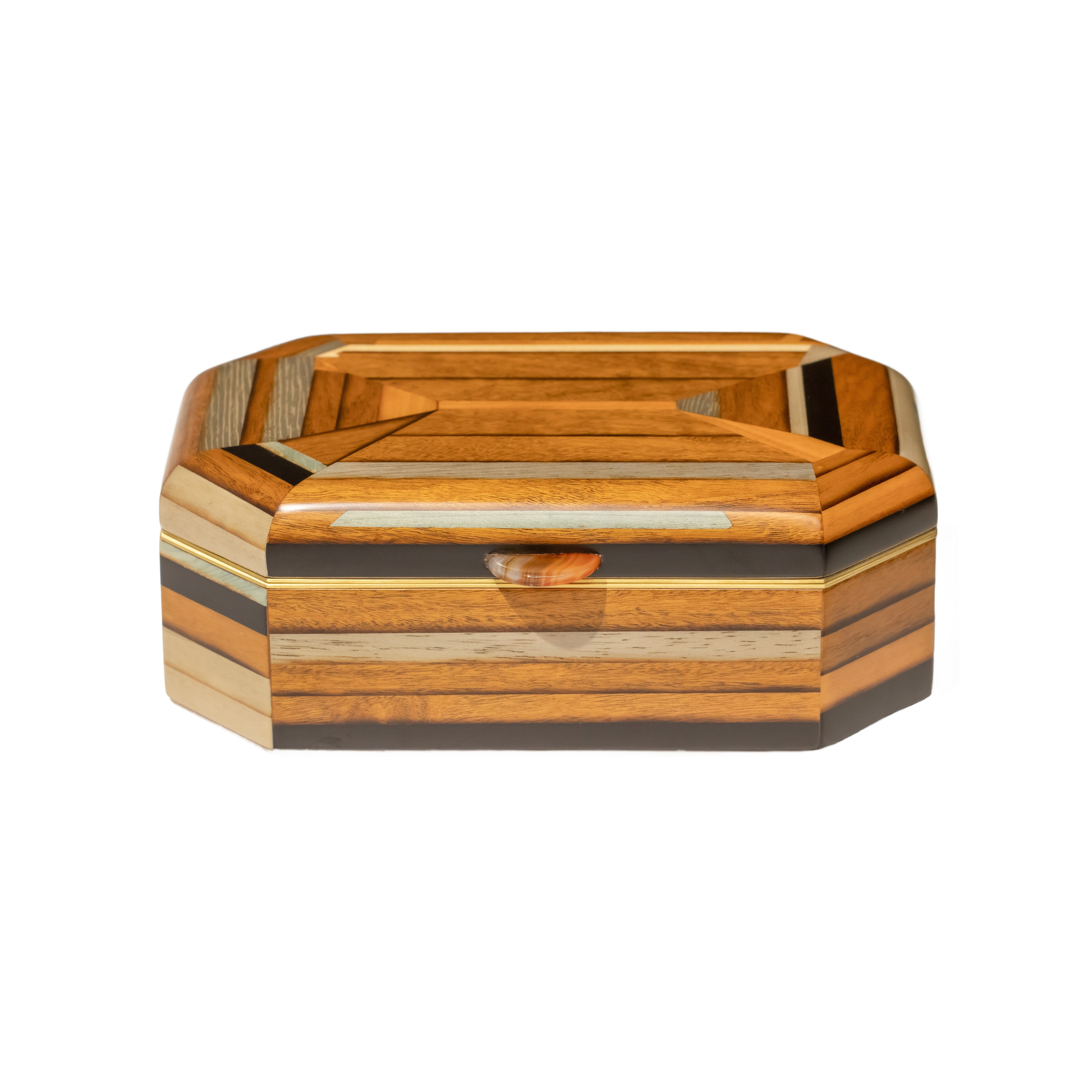 Brown wood geometric gem marquetry jewelry box decor table by Silvia Furmanovich Tiny Gods