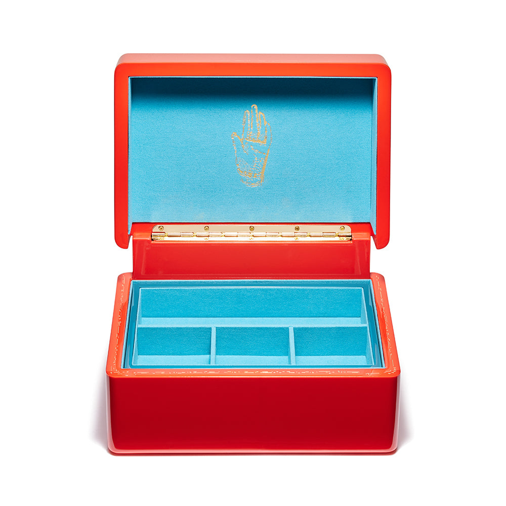 Brass mini trove trunk jewelry box with candy apple red and teal aqua blue interior Tiny Gods
