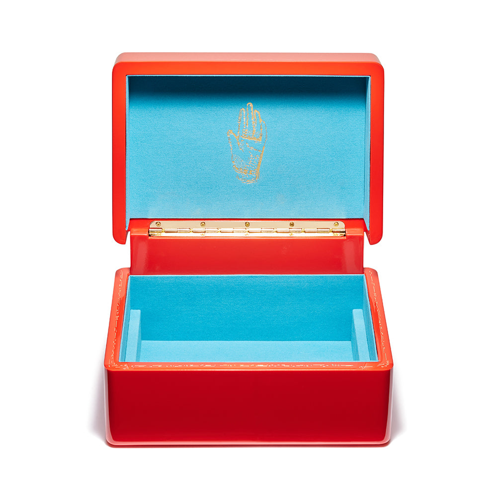Brass mini trove trunk jewelry box with candy apple red and teal aqua blue interior Tiny Gods