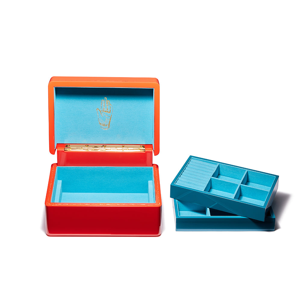Brass mini trove trunk jewelry box with candy apple red and teal aqua blue interior Tiny Gods