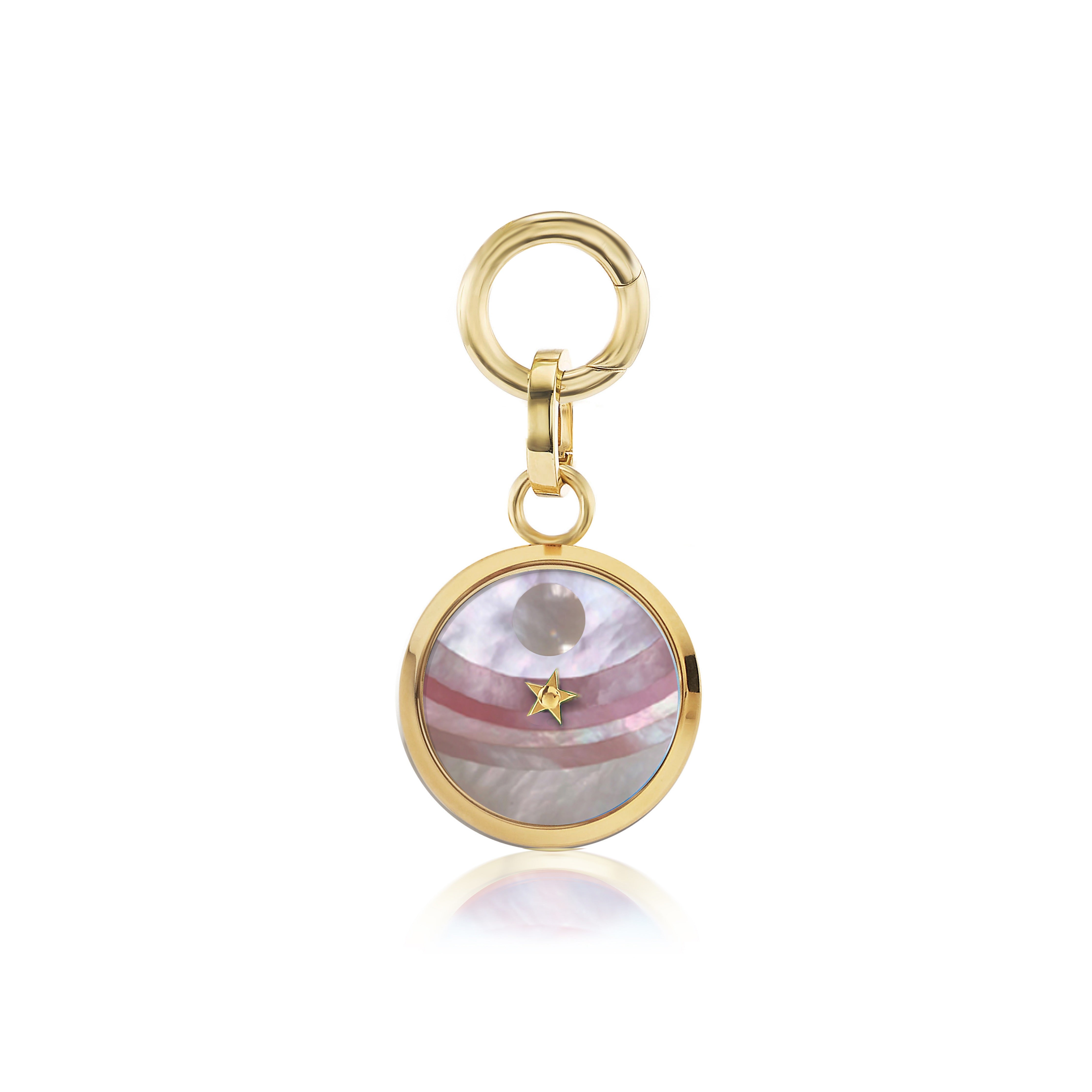 18k yellow gold pink mother of pearl Carpe Diem mosaic moon pendant by Anna Maccieri Rossi Tiny Gods sale