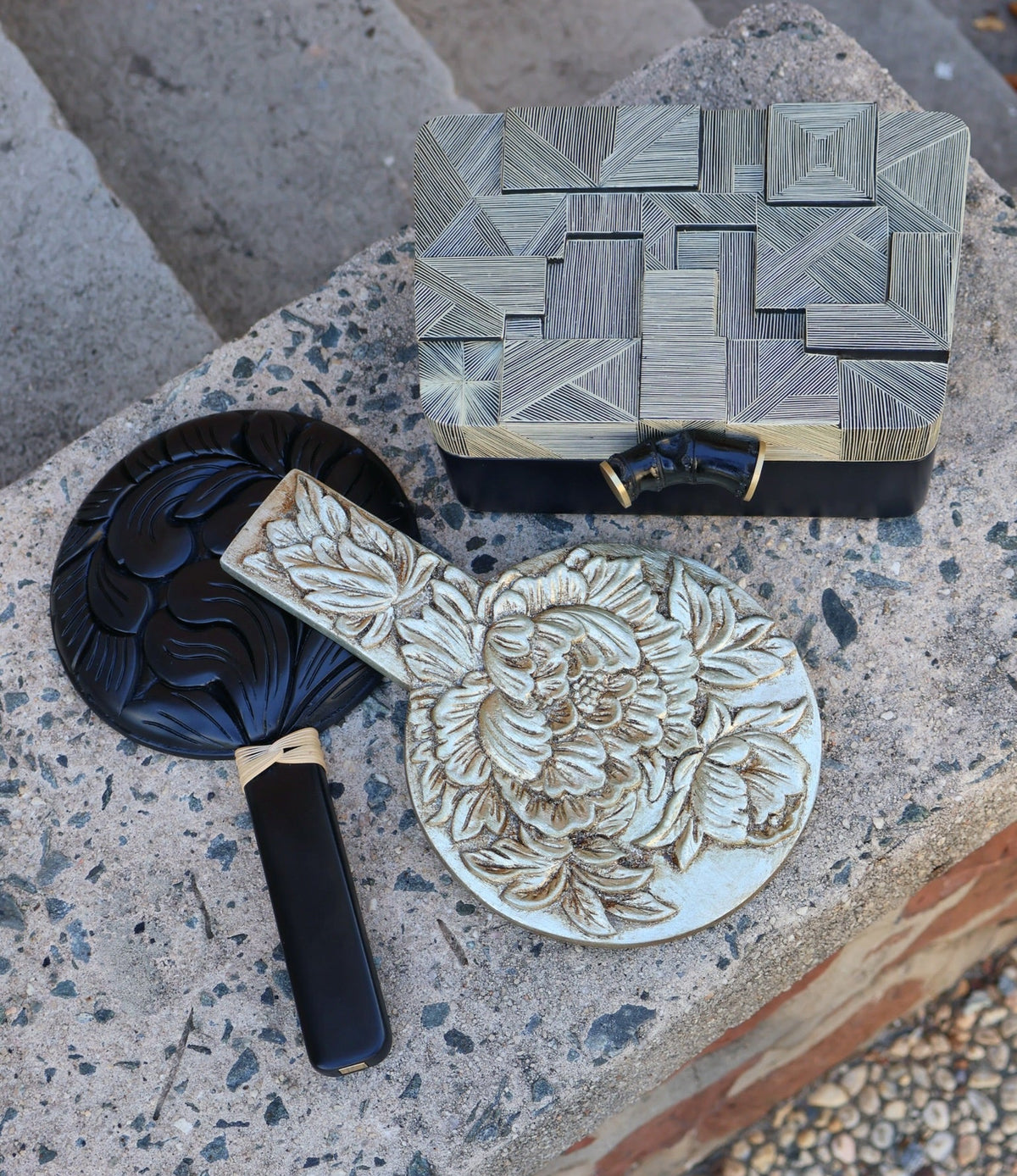 hand carved wood marquetry black lacquered leaf floral hand mirror by Silvia Furmanovich tiny Gods