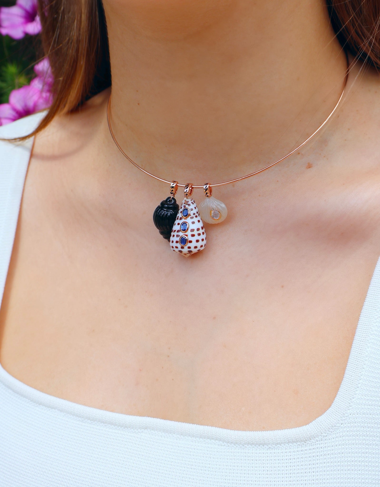 18k rose gold carved moonstone and diamond anadara polki shell pendant by Dezso Tiny Gods