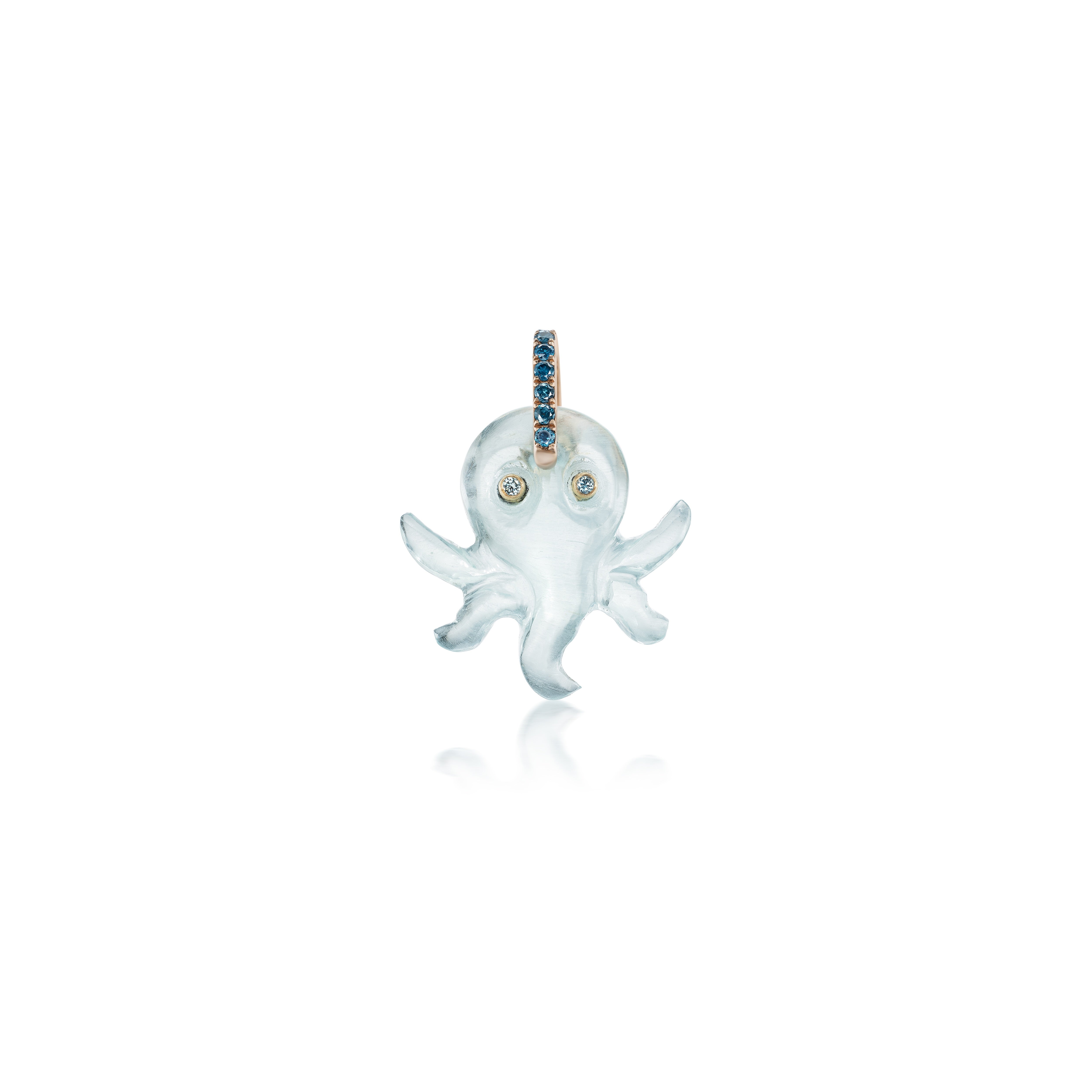18k gold aquamarine octopus charm pendant with blue diamonds by Violette at Tiny Gods