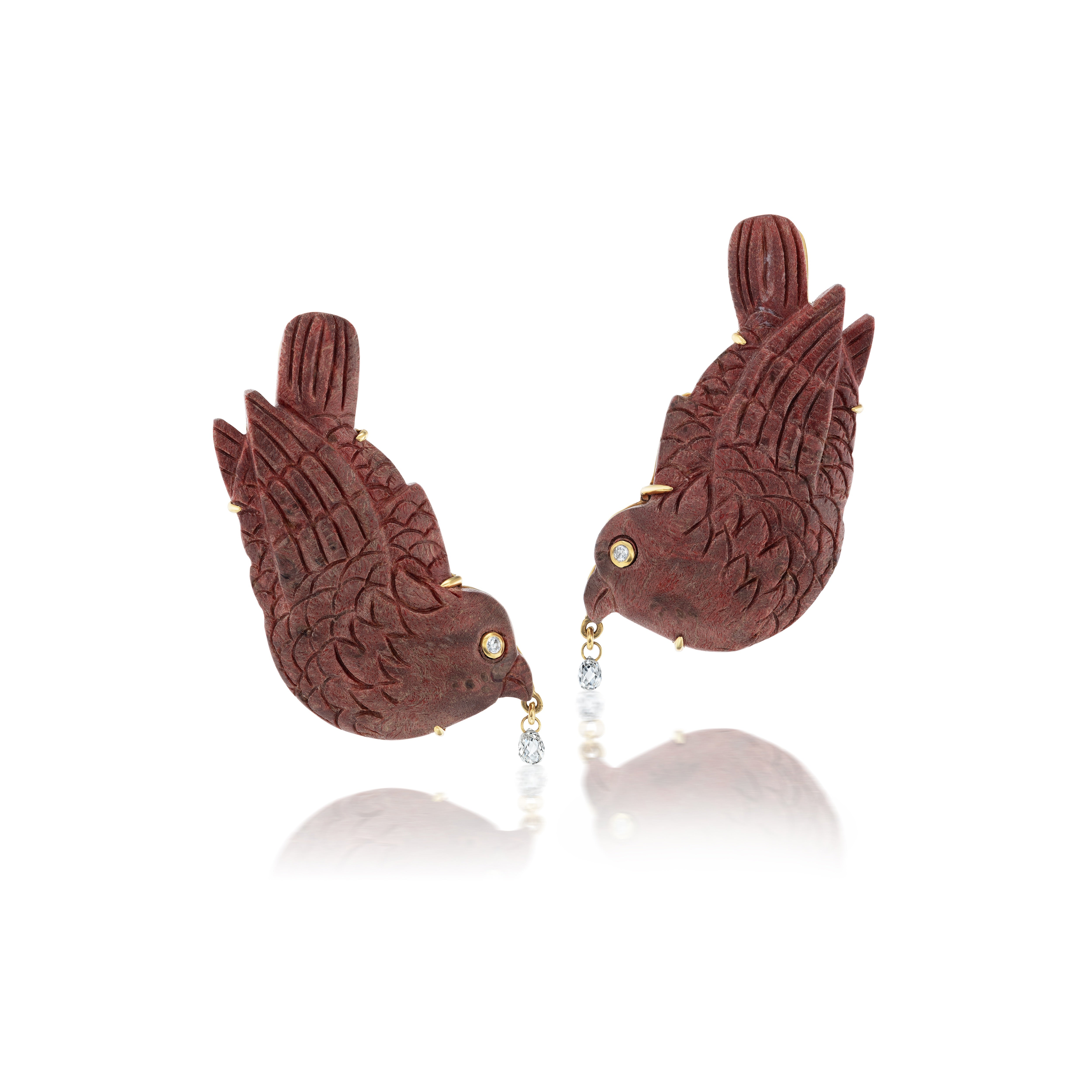 18k yellow gold carved red bird earrings with diamonds by Silvia Furmanovich Tiny Gods