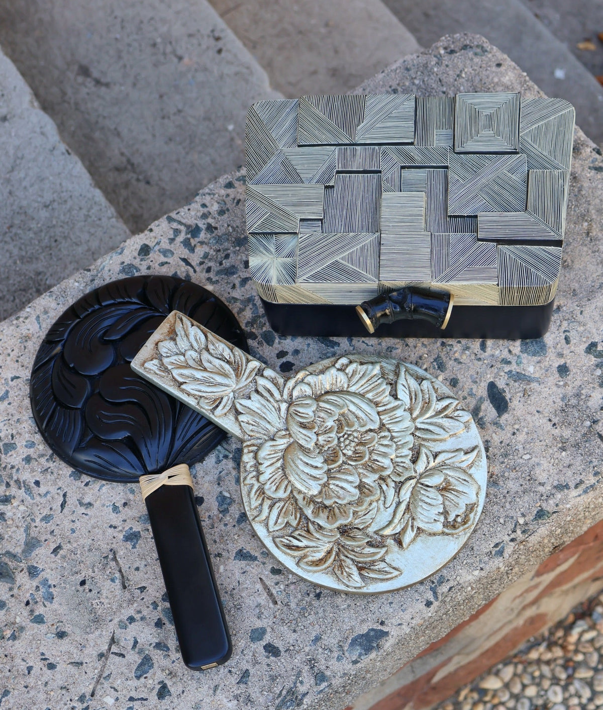 hand carved floral pattern wooden hand mirror by Silvia Furmanovich Tiny Gods