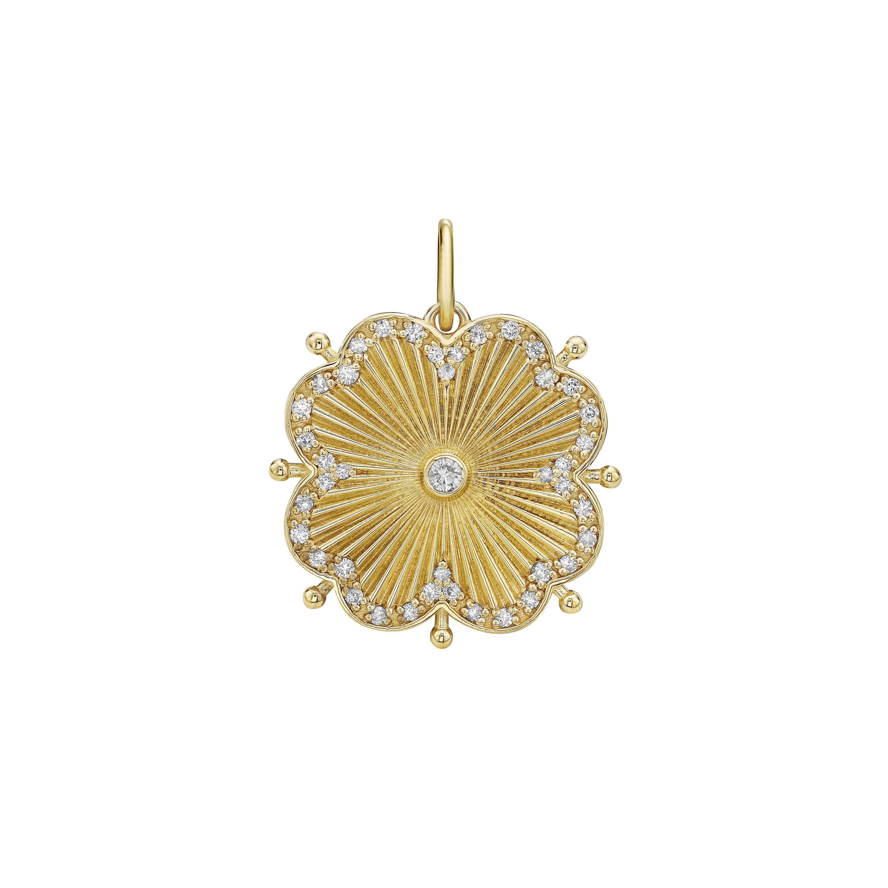 14k yellow gold cassandane small diamond clover medallion pendant by Lionheart Tiny Gods
