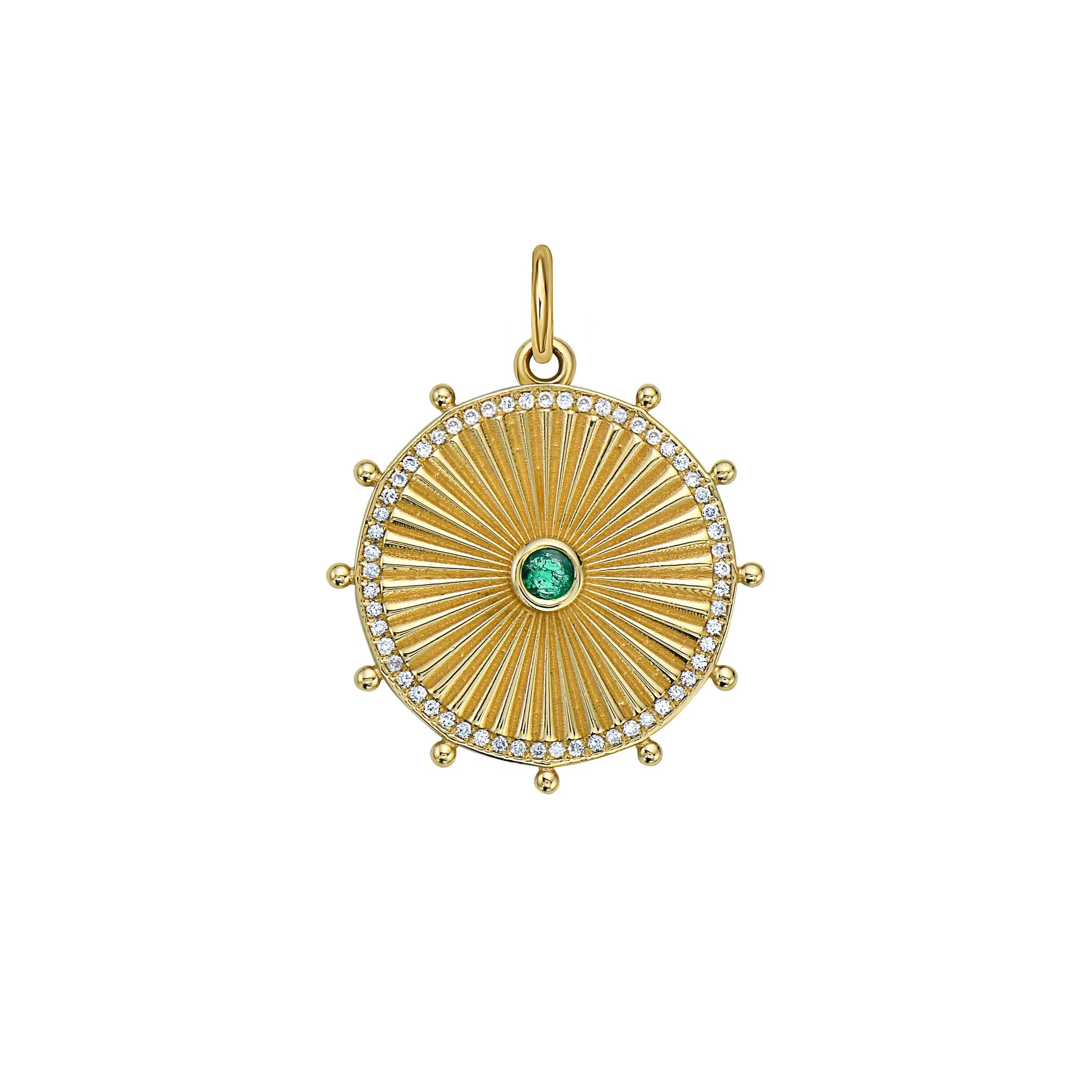 14k yellow gold Cassandane small emerald sun medallion with diamonds by Lionheart Tiny Gods