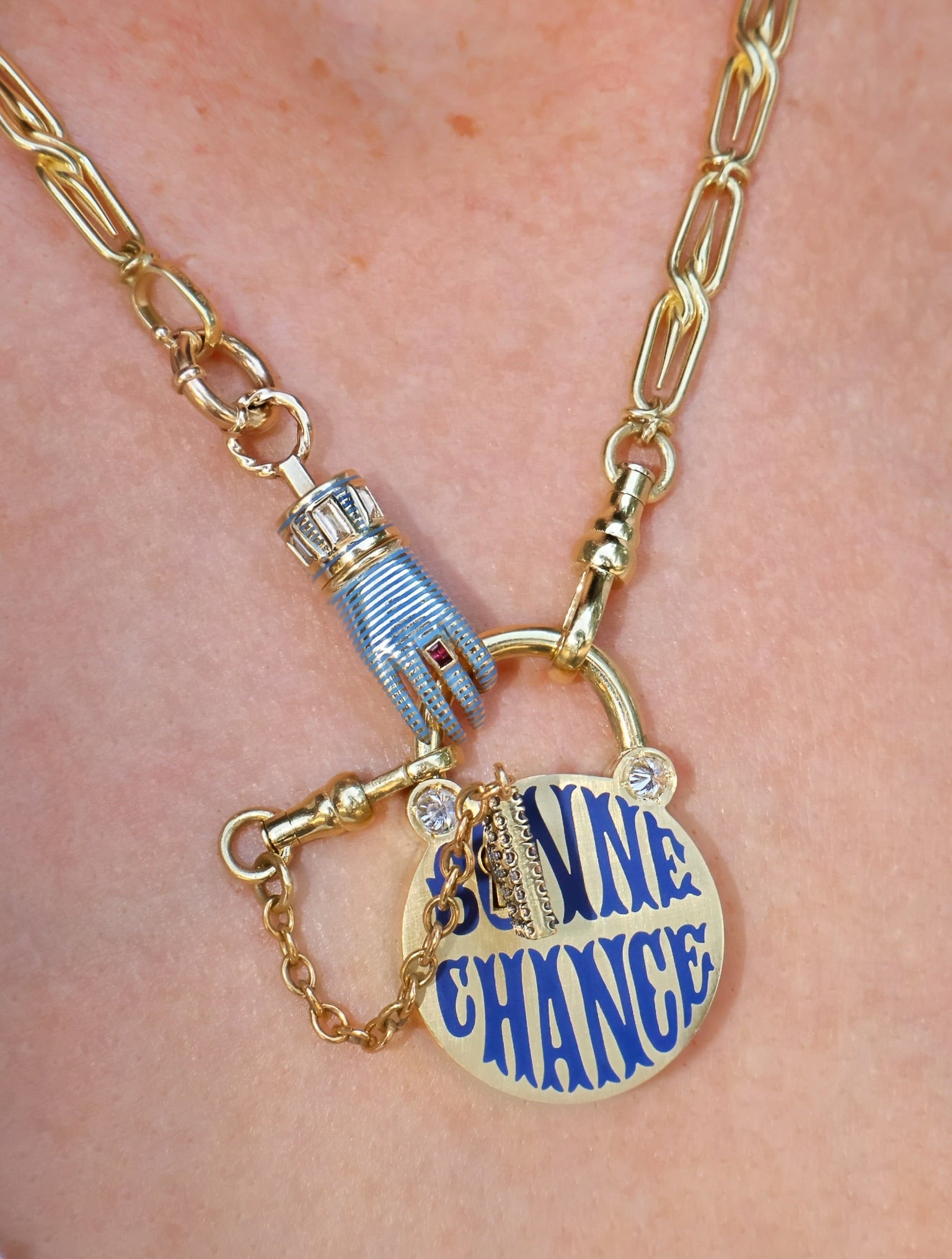 18k yellow gold blue enamel ruby and diamond medium mechanical functional hand pendant clasp by Circa 1700 Tiny Gods