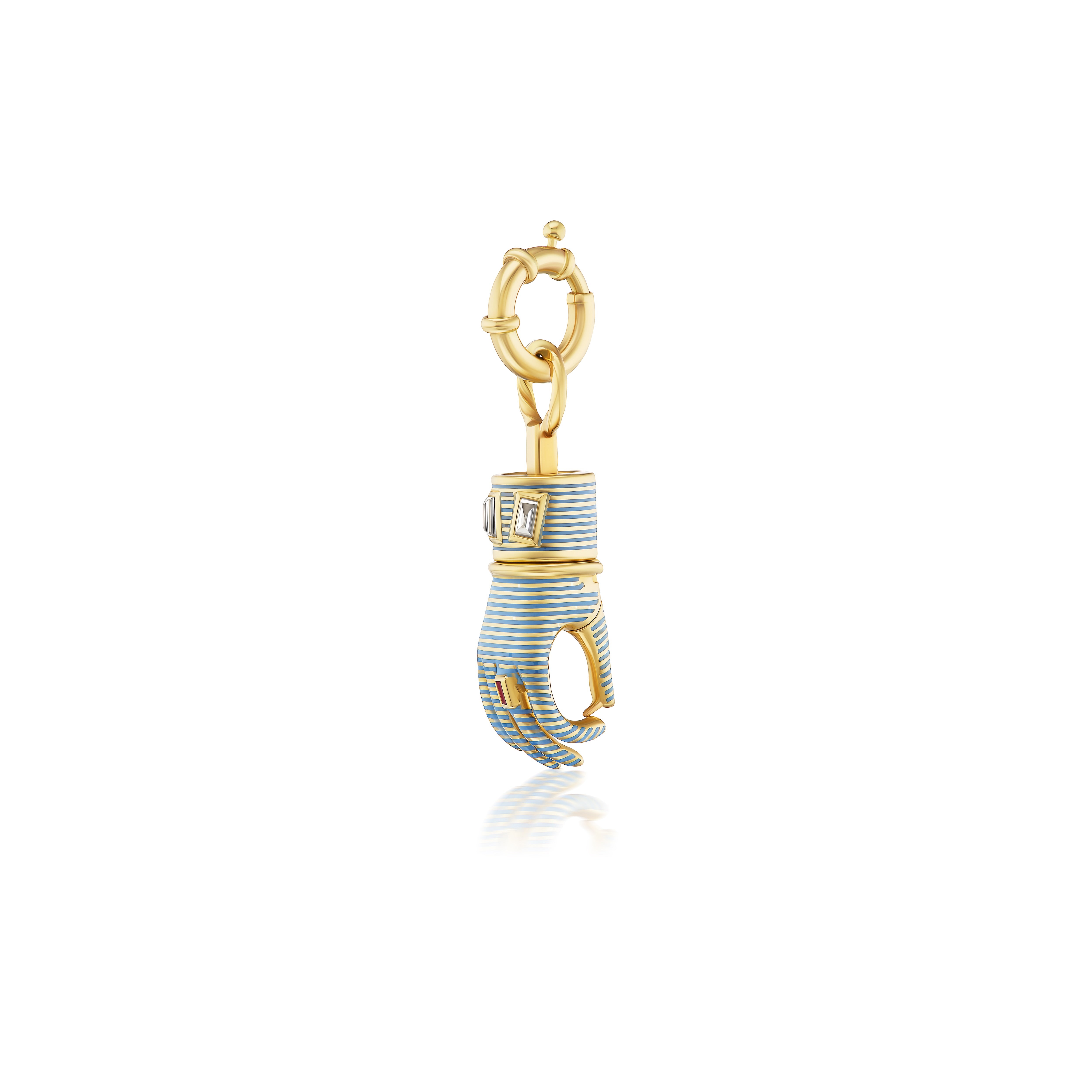 18k yellow gold blue enamel ruby and diamond medium mechanical functional hand pendant clasp by Circa 1700 Tiny Gods