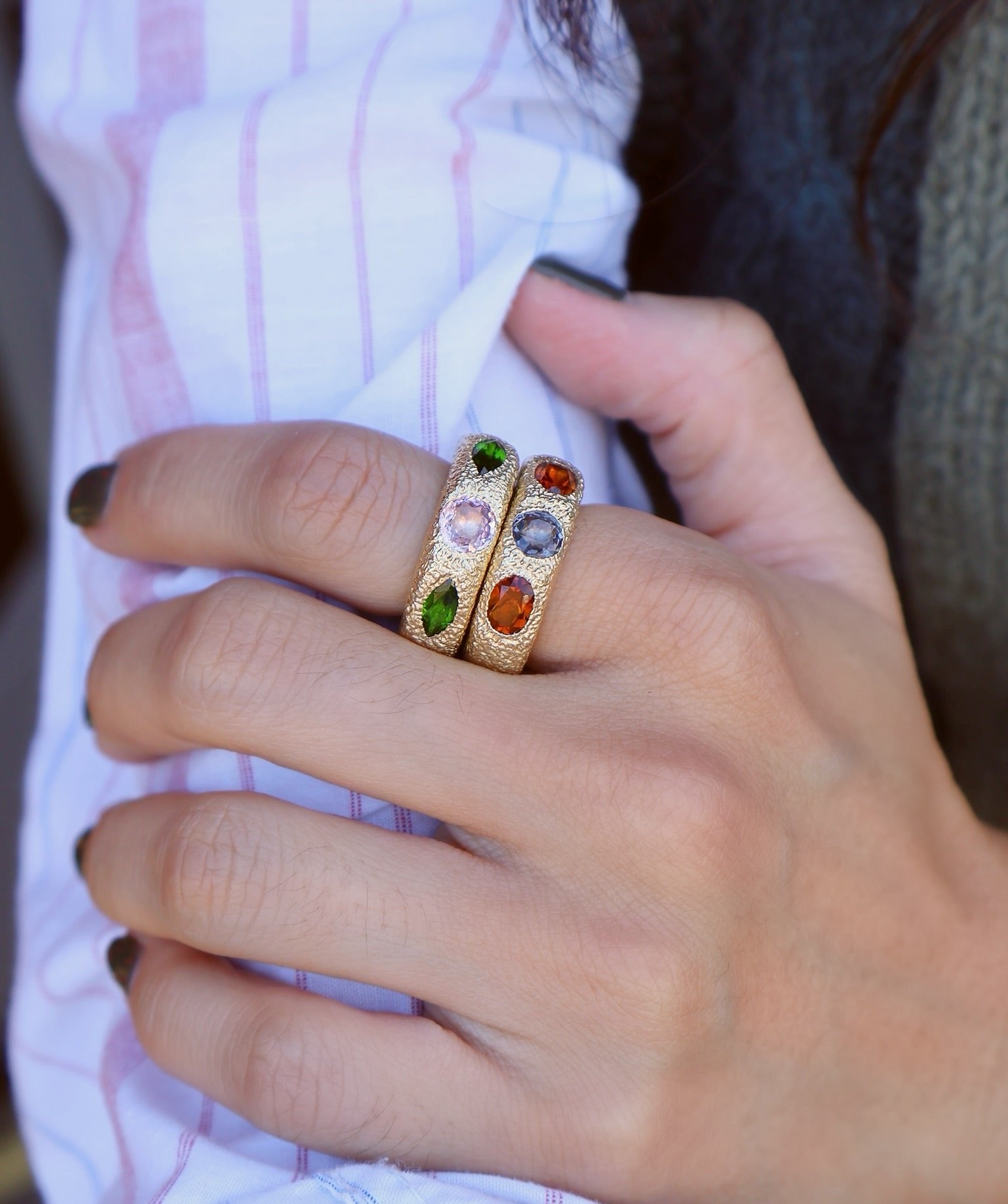 14k yellow gold hand hammered Queenie V ring spinel and citrine by Rene Barnes Tiny Gods