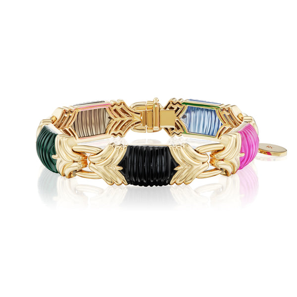 Yellow gold Cleopatra Bracelet with green, black, pink blue stones by Rainbow K Tiny Gods