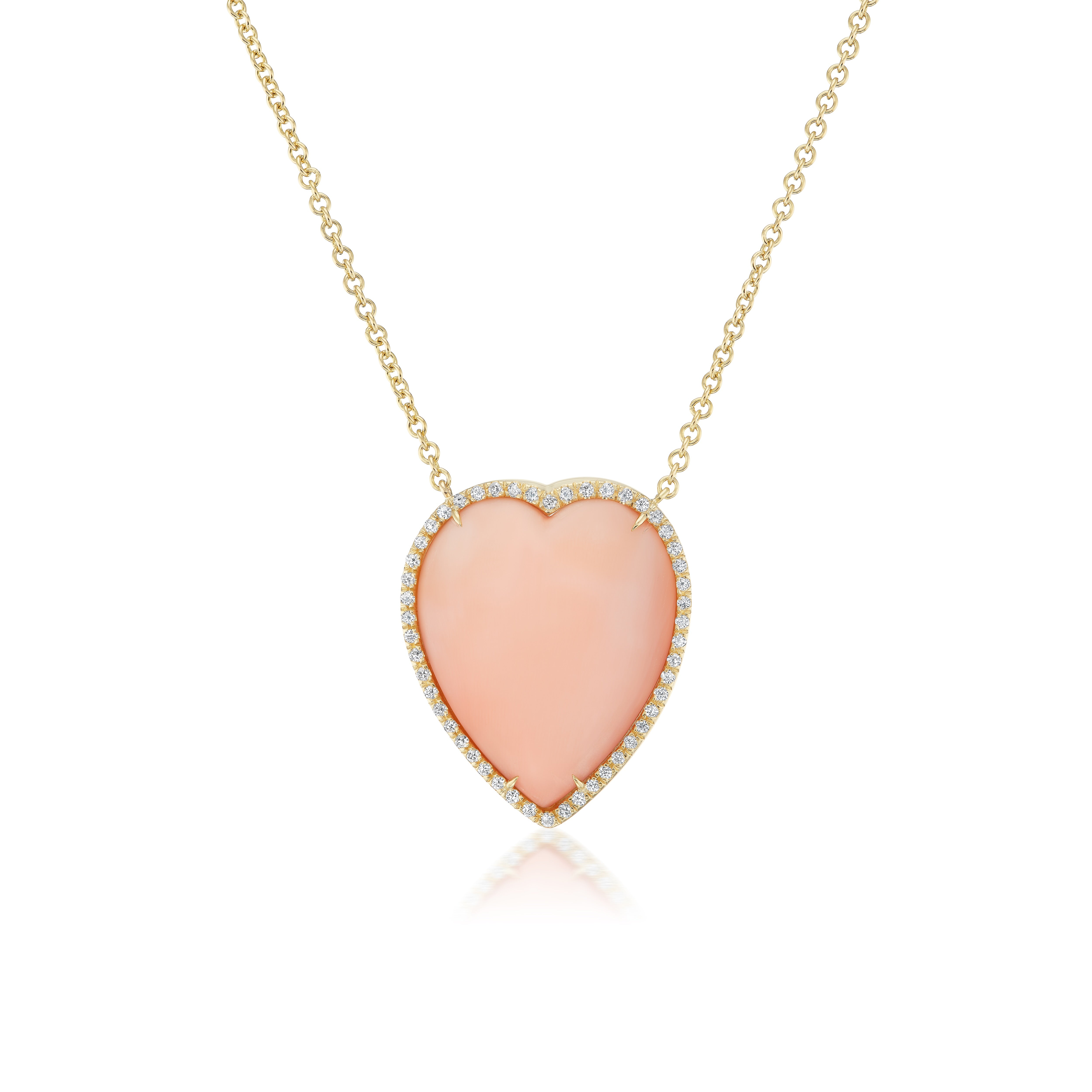18k yellow gold angel skin coral Gumball heart shaped pendant necklace pave diamond halo border tiny gods exclusive