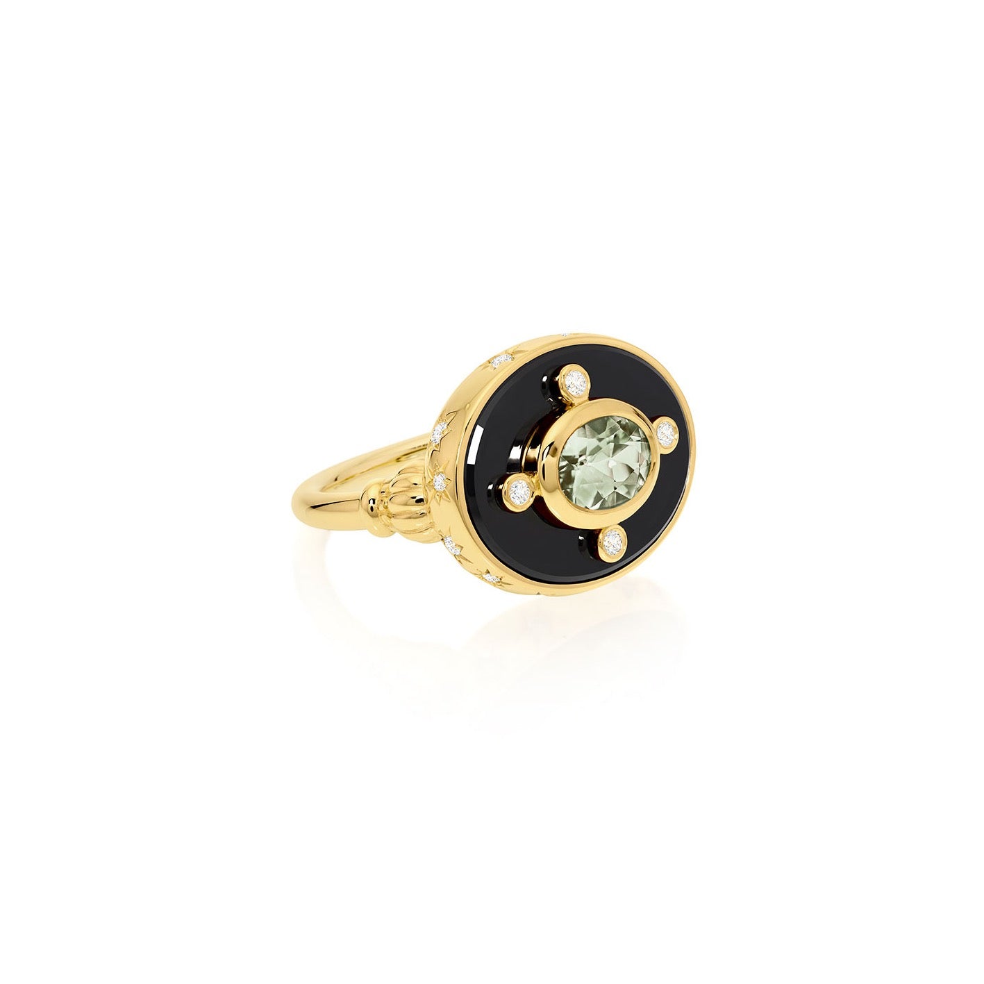 18k yellow gold Crucis diamond prasiolite ring by Sauer Tiny Gods