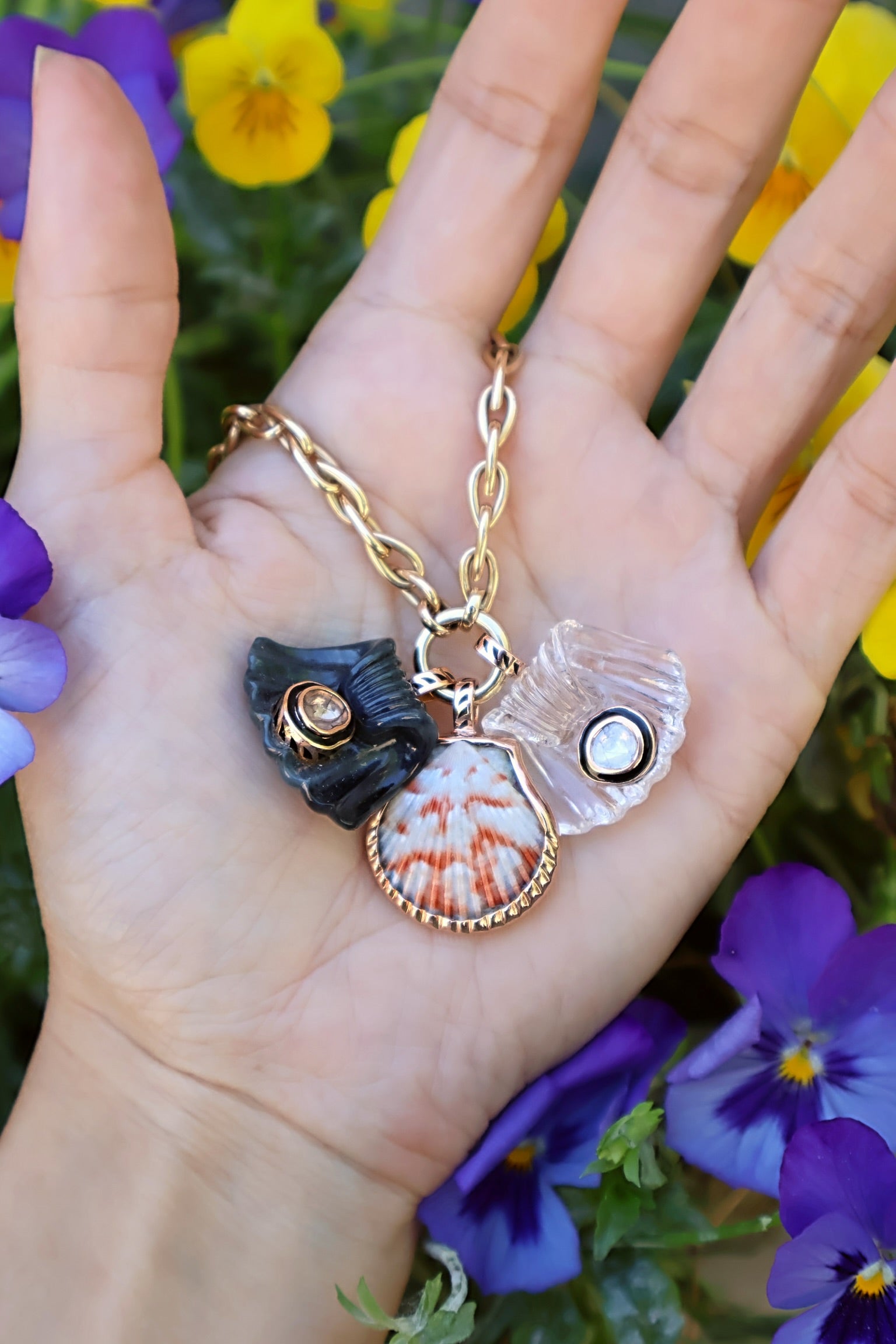 18k rose gold black enamel carved crystal classic capri shell pendant charm by Dezso Tiny Gods