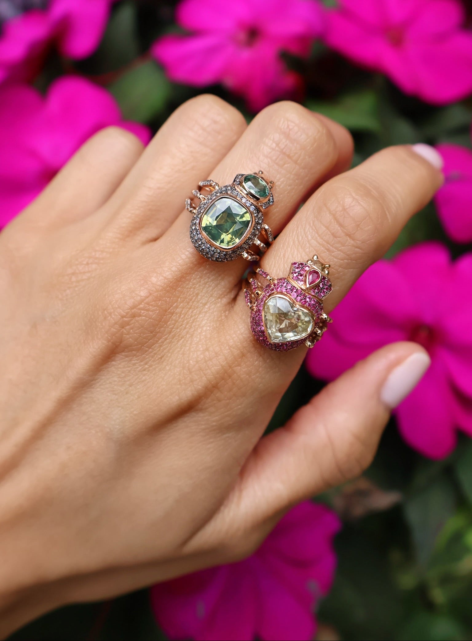 18k yellow gold green zircon, green sapphire and color changing sapphires hapi beetle bug ring by Daniela Villegas Tiny Gods