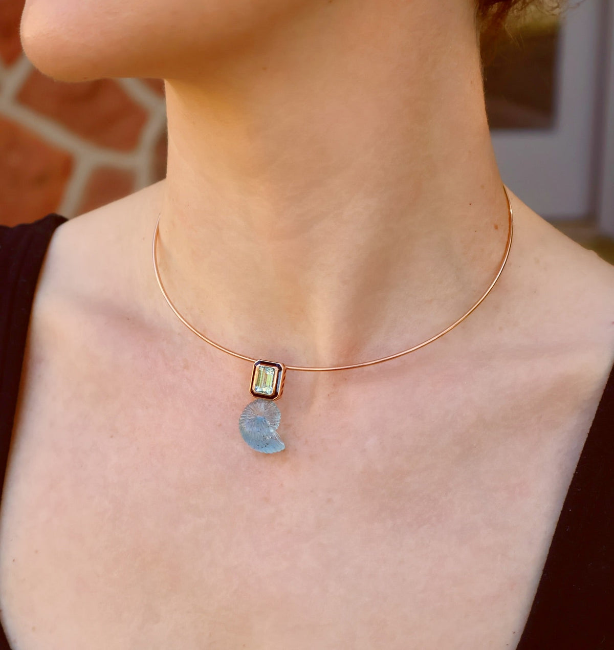 18k rose gold aquamarine charm with carved aquamarine nautilus shell charm pendant by Dezso Tiny Gods