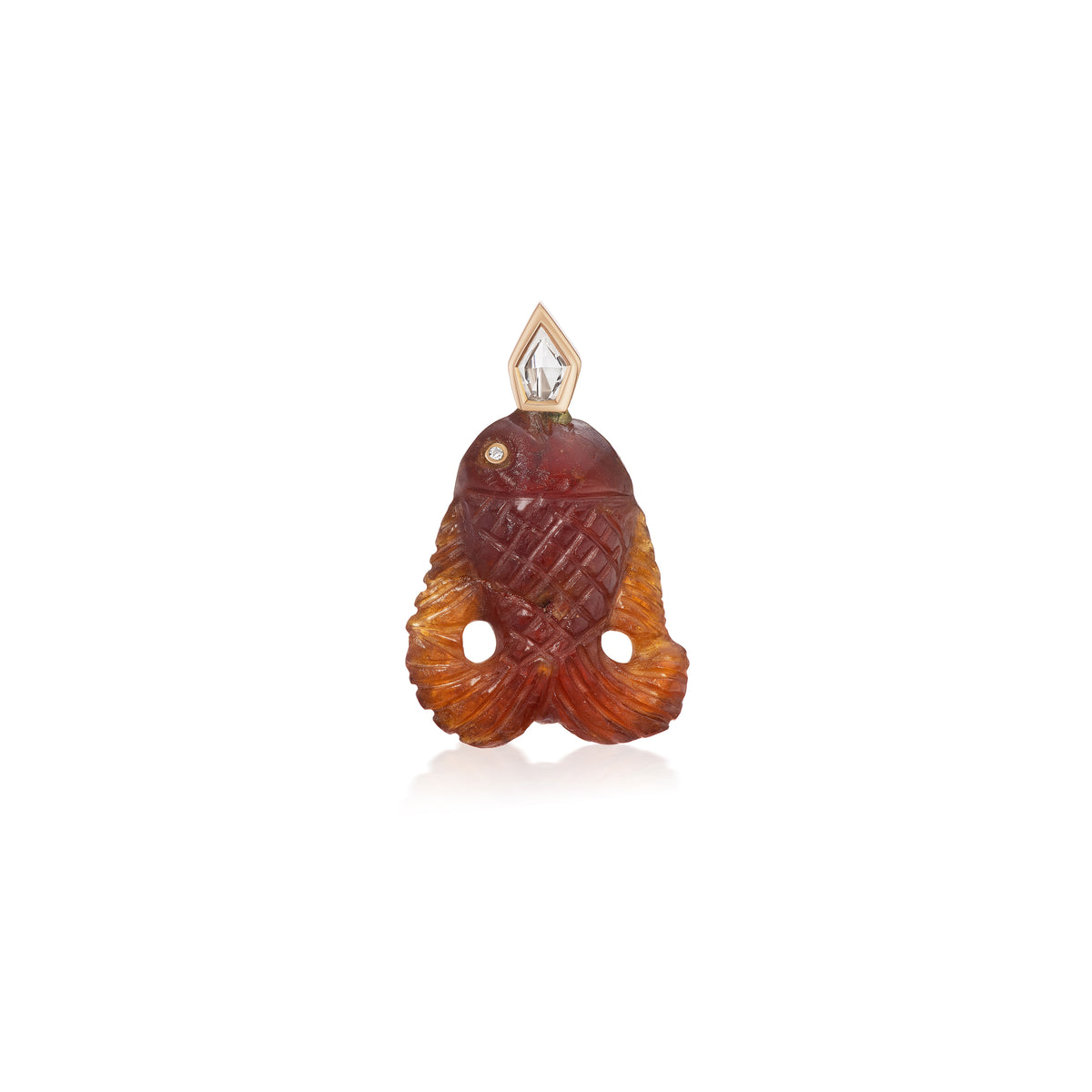 18k rose gold cared garnet fish pendant with diamond accents by Dezso Tiny Gods