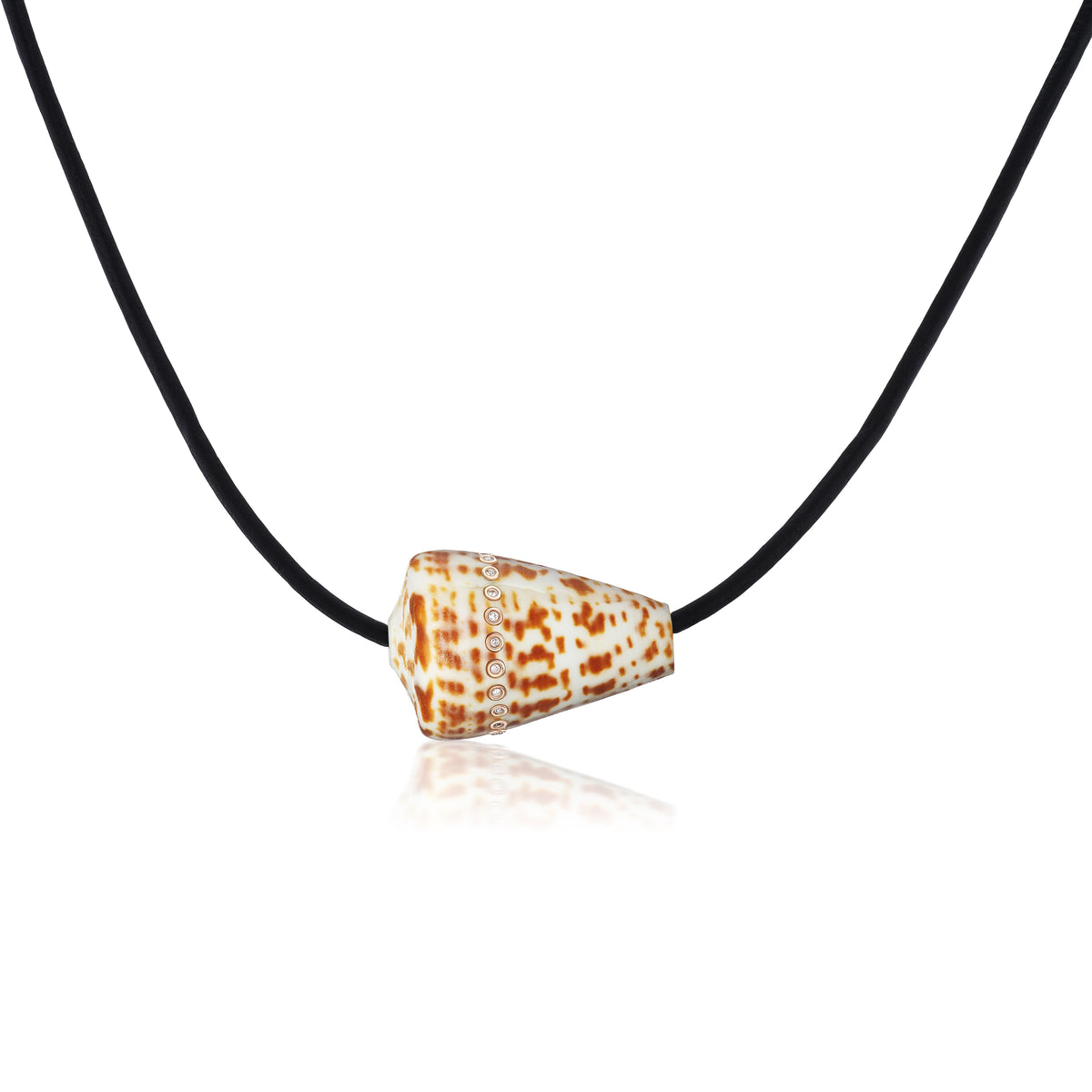 18k rose gold extra XL conus shell with diamonds strung on black leather cord by Dezso Tiny Gods
