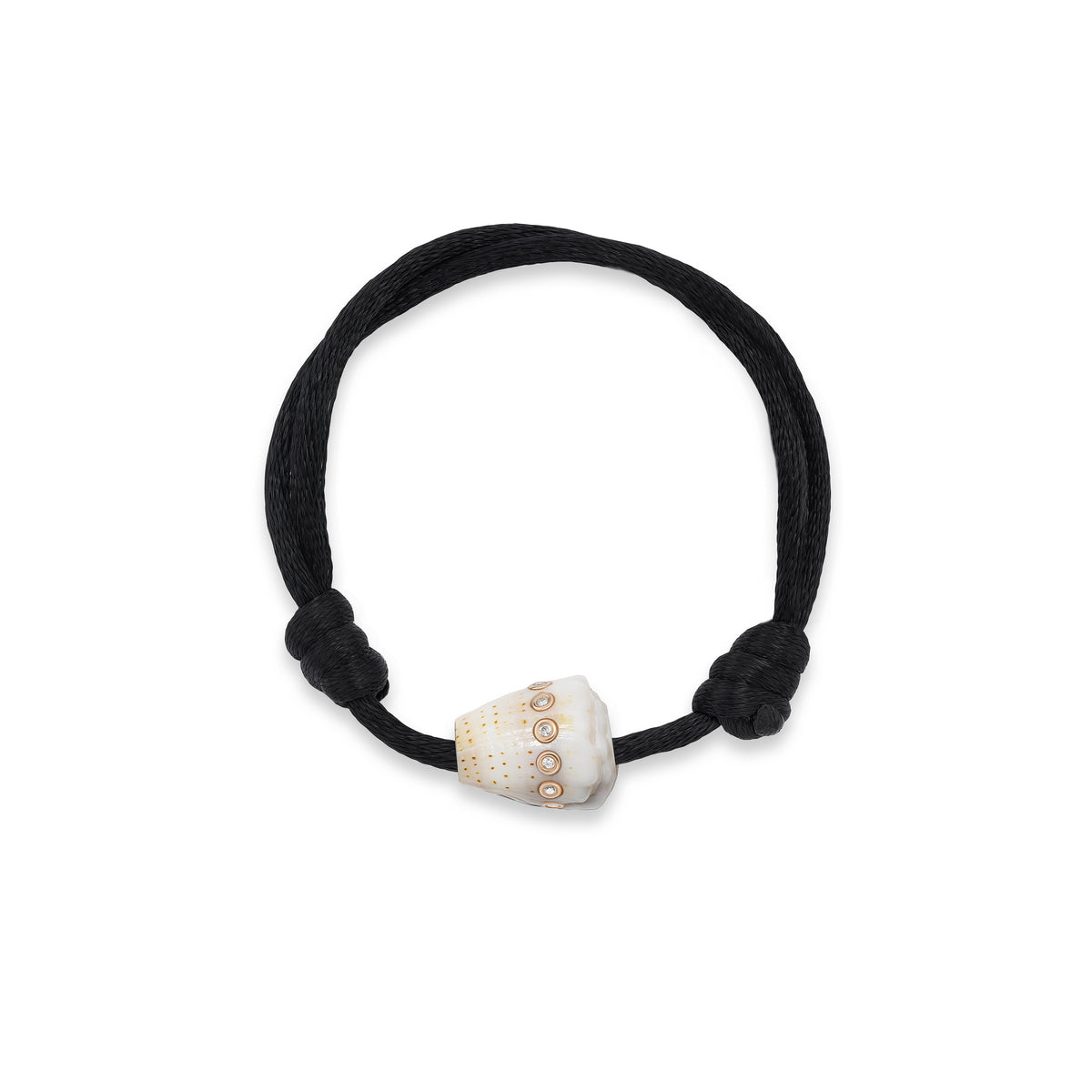 18k rose gold petite diamond conus white shell bracelet with adjustable black cord by Dezso Tiny Gods