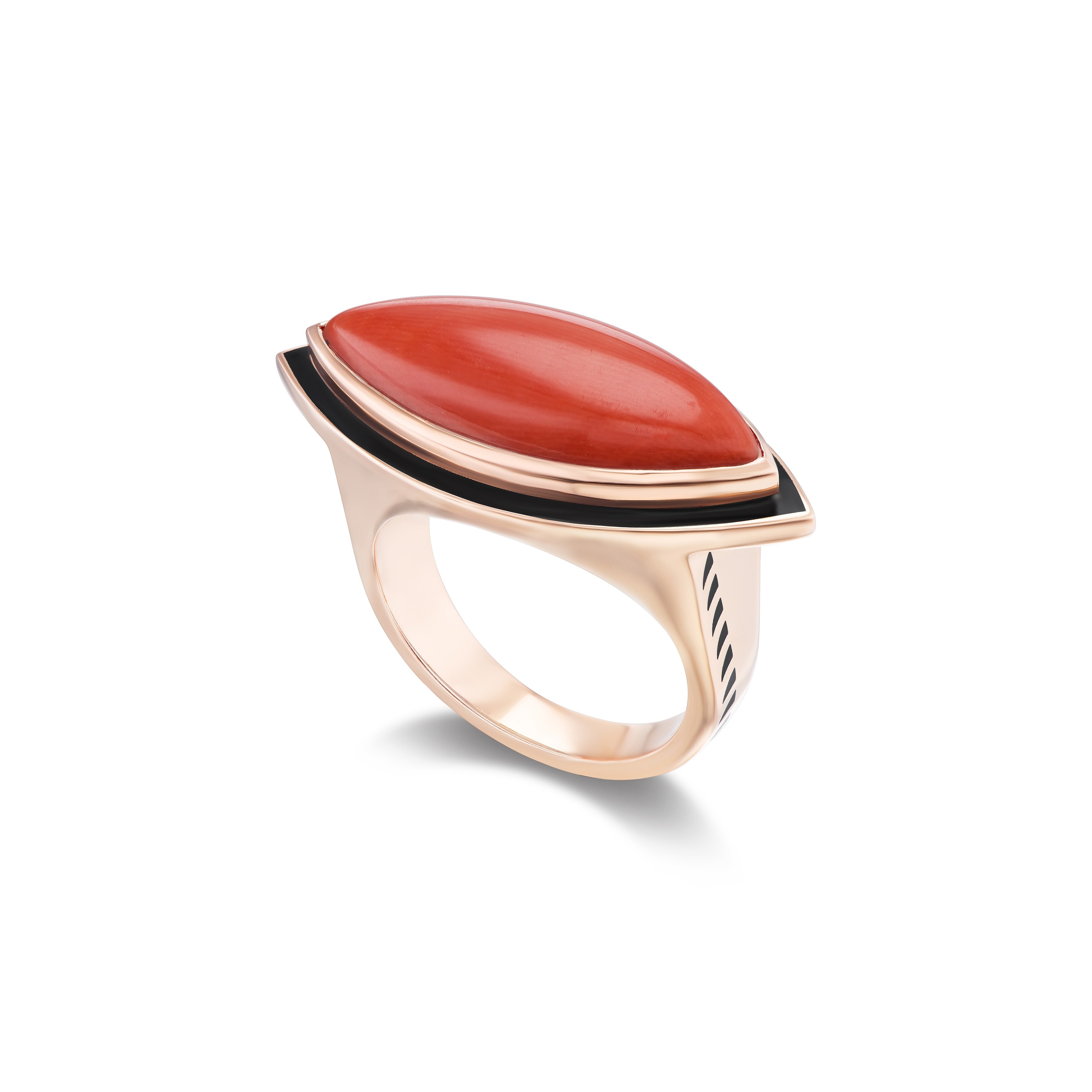 Coral Marquis Ring with Black Enamel dezso by Sara Beltran at tiny gods Mediterranean Sardinian coral
