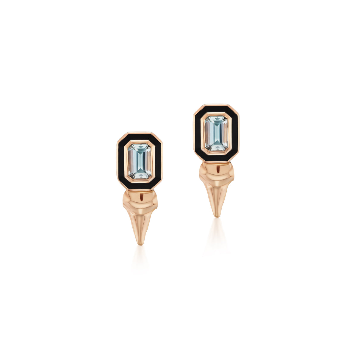 18k rose gold emerald cut white sapphire black enamel border shark teeth stud earrings by Dezso Tiny Gods