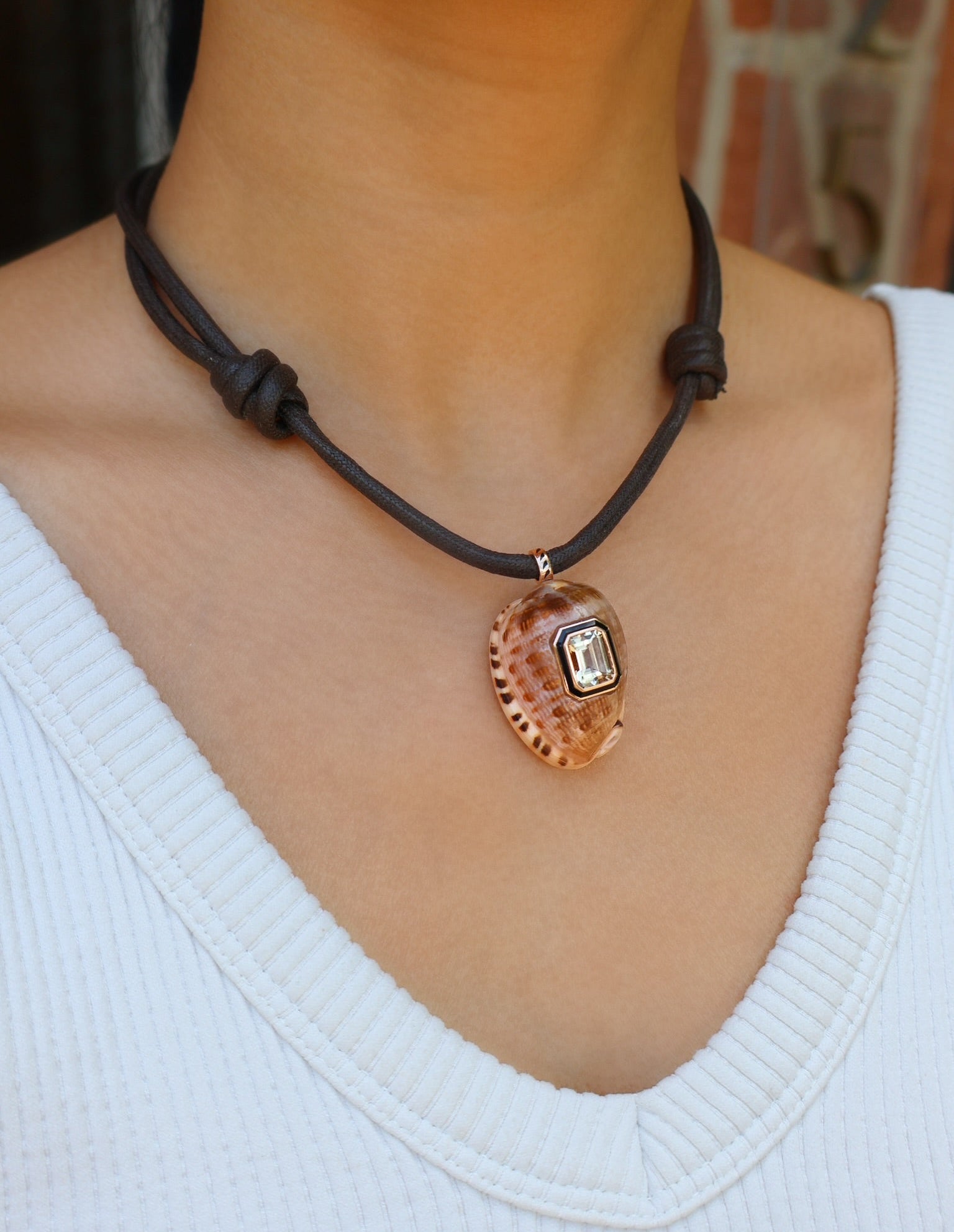 18k rose gold large speckled shell with ciritine pendant charm by Dezso Tiny Gods styled