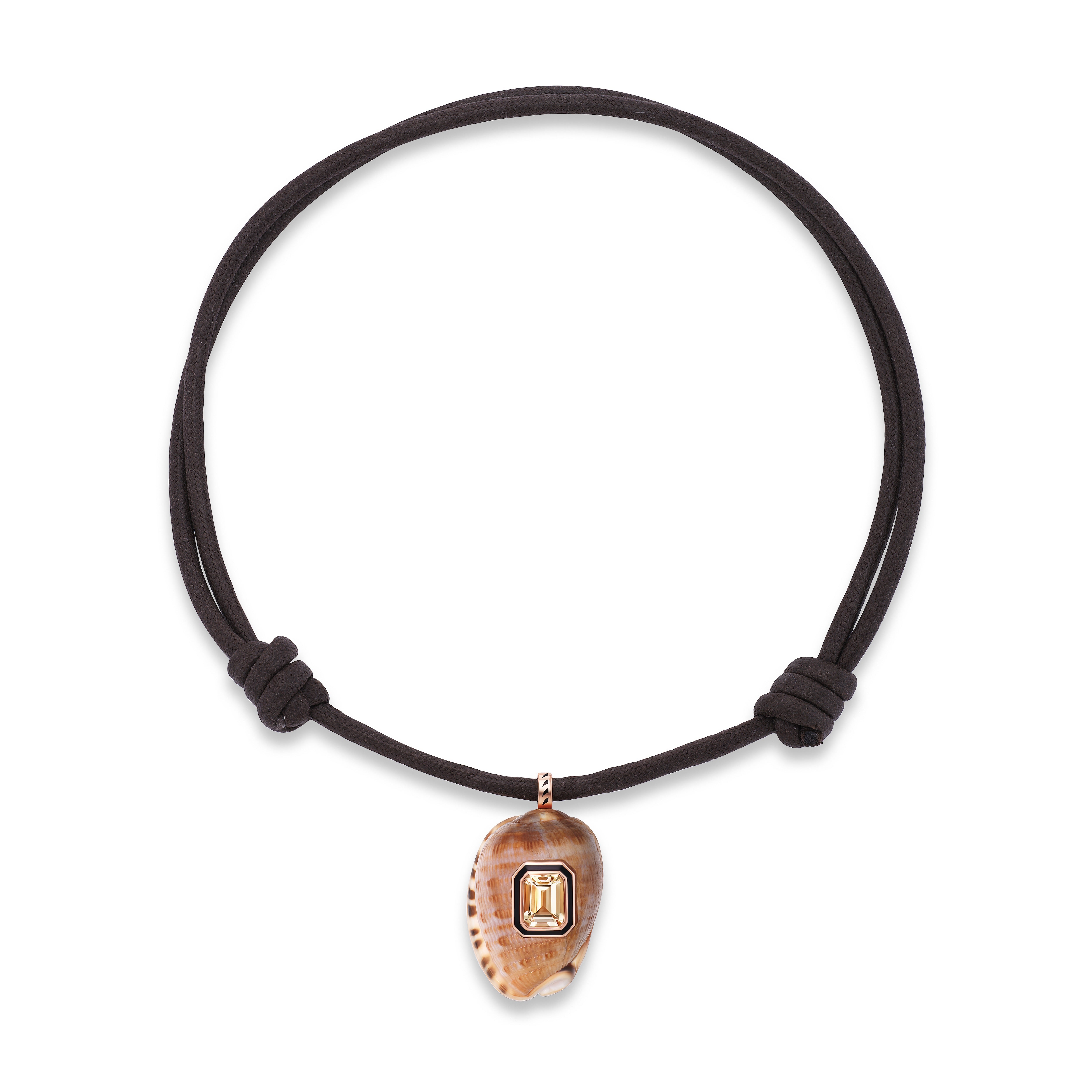 18k rose gold large speckled shell with ciritine pendant charm by Dezso Tiny Gods styled