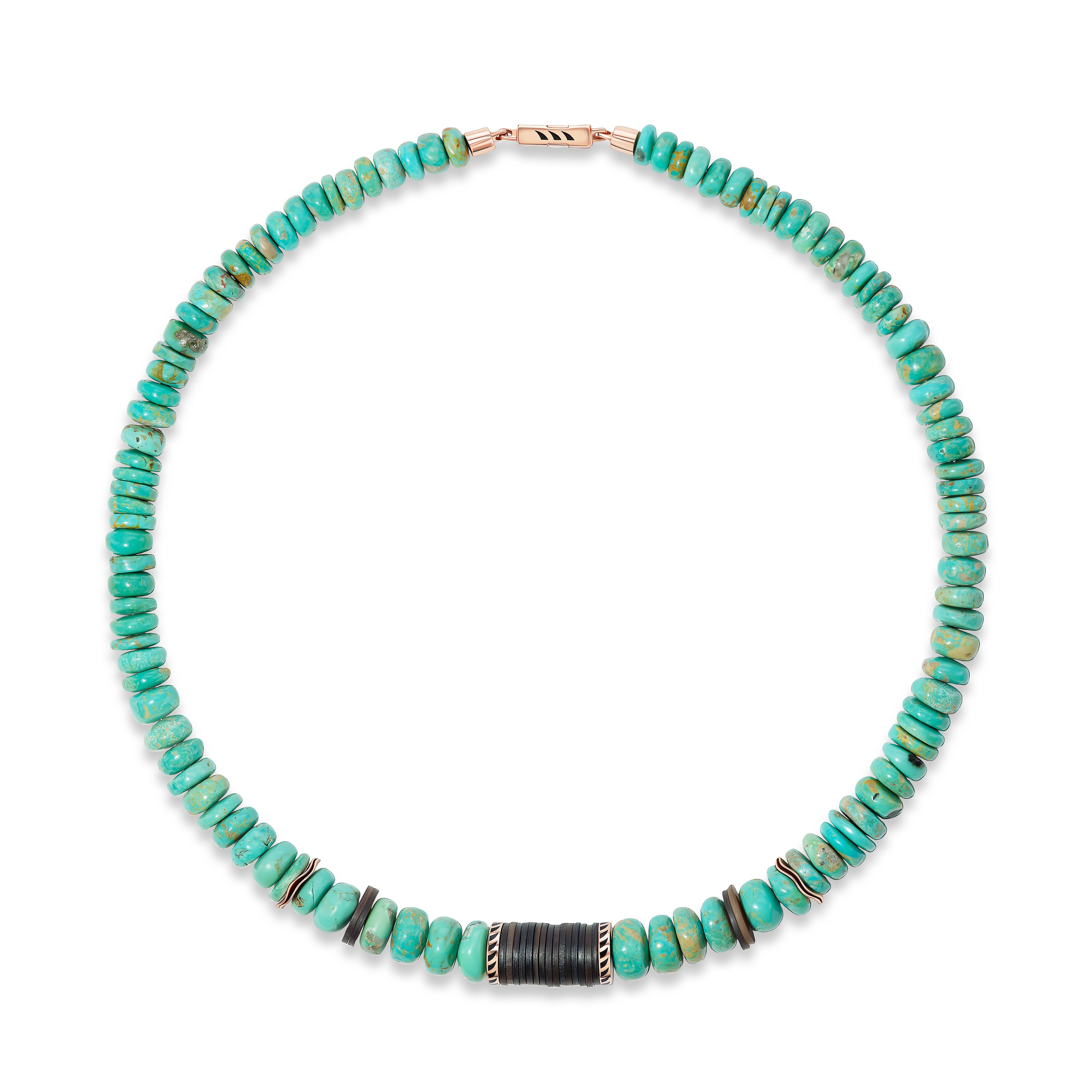 18k rose gold turquoise 9mm rondelle bead and coco puka shark fin enamel necklace by Dezso Tiny Gods