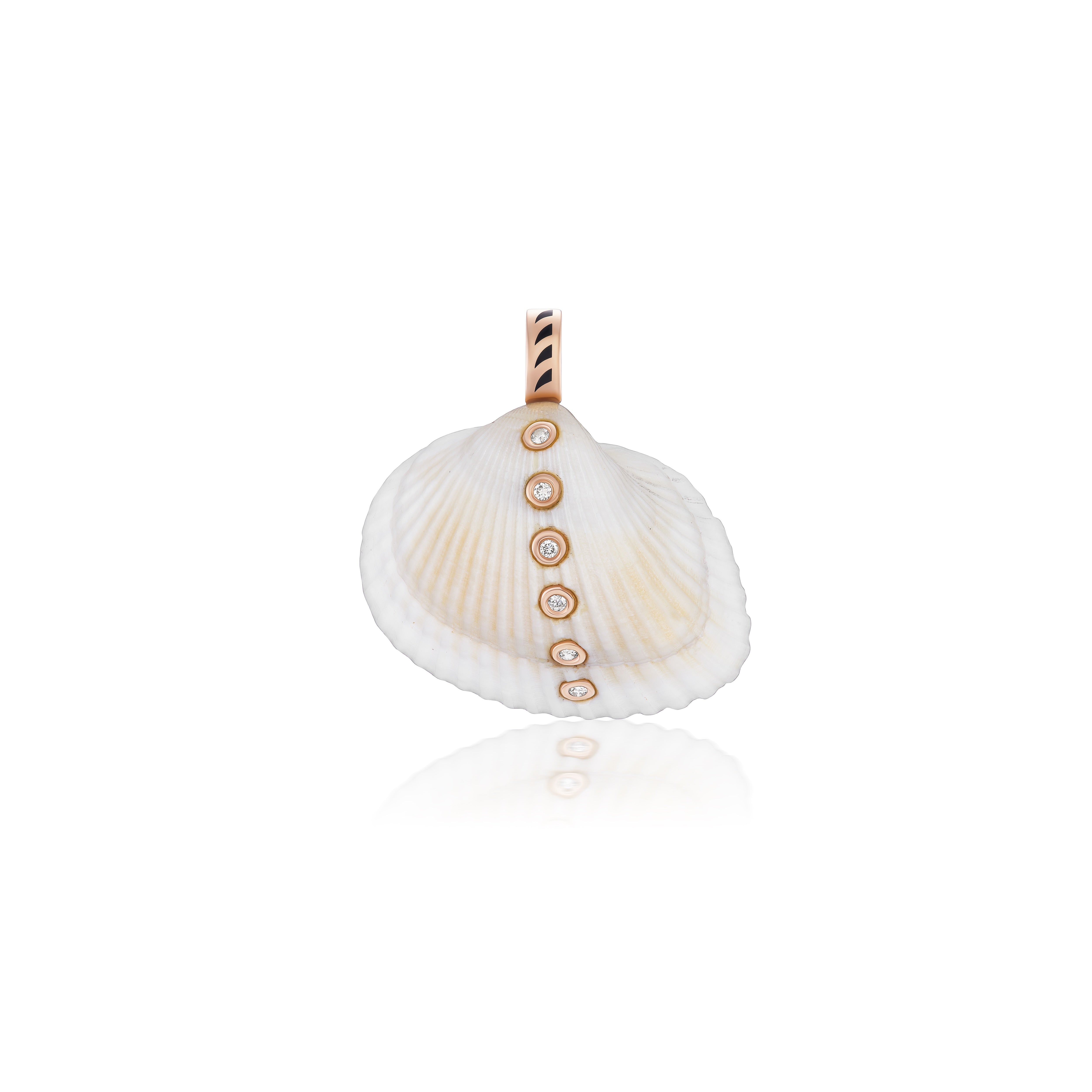 18k rose gold six bezel set diamond white shell pendant by Sara Beltran Dezso Tiny Gods