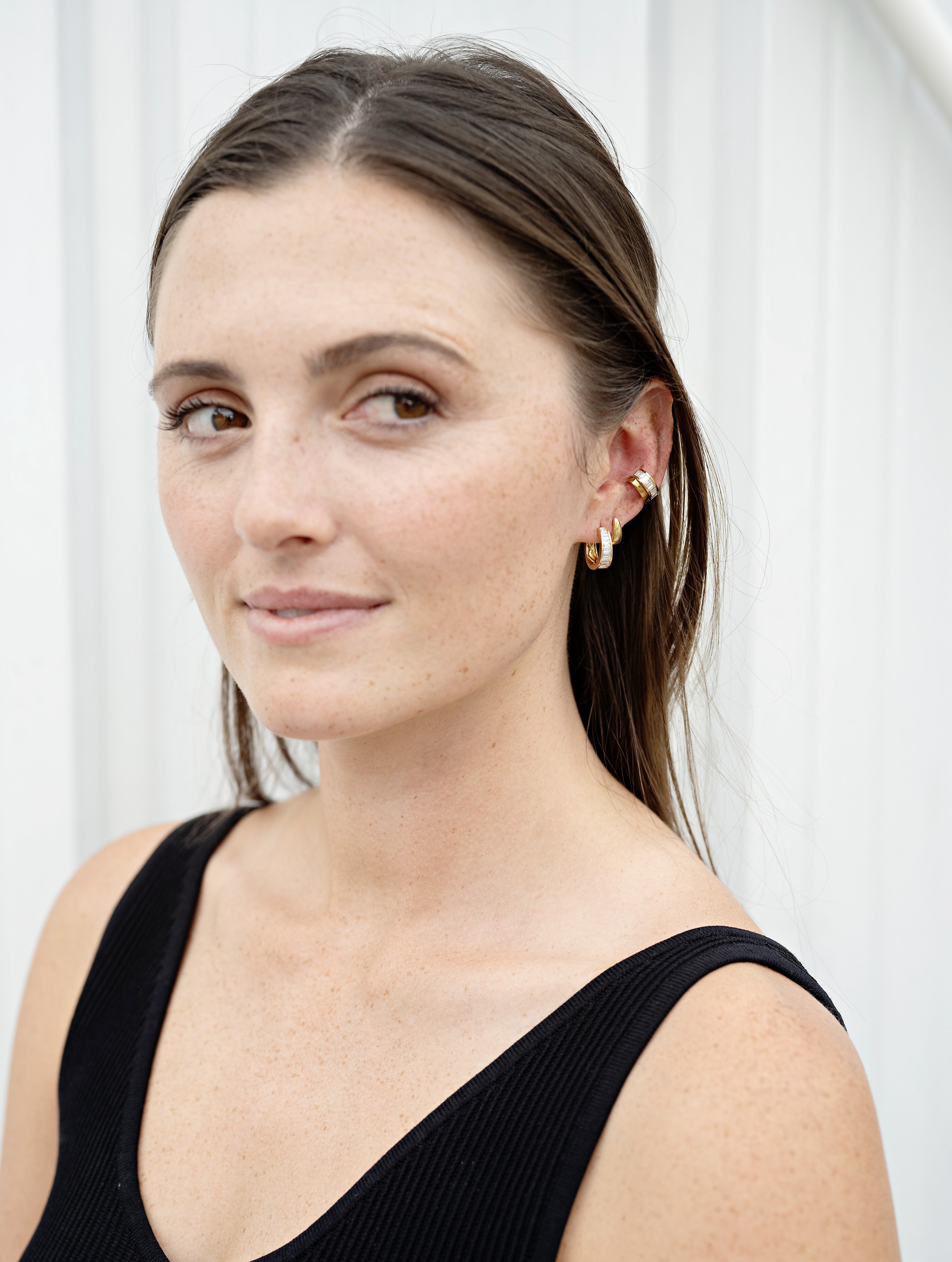 18k yellow gold diamond baguette earcuff by Anita Ko Tiny Gods