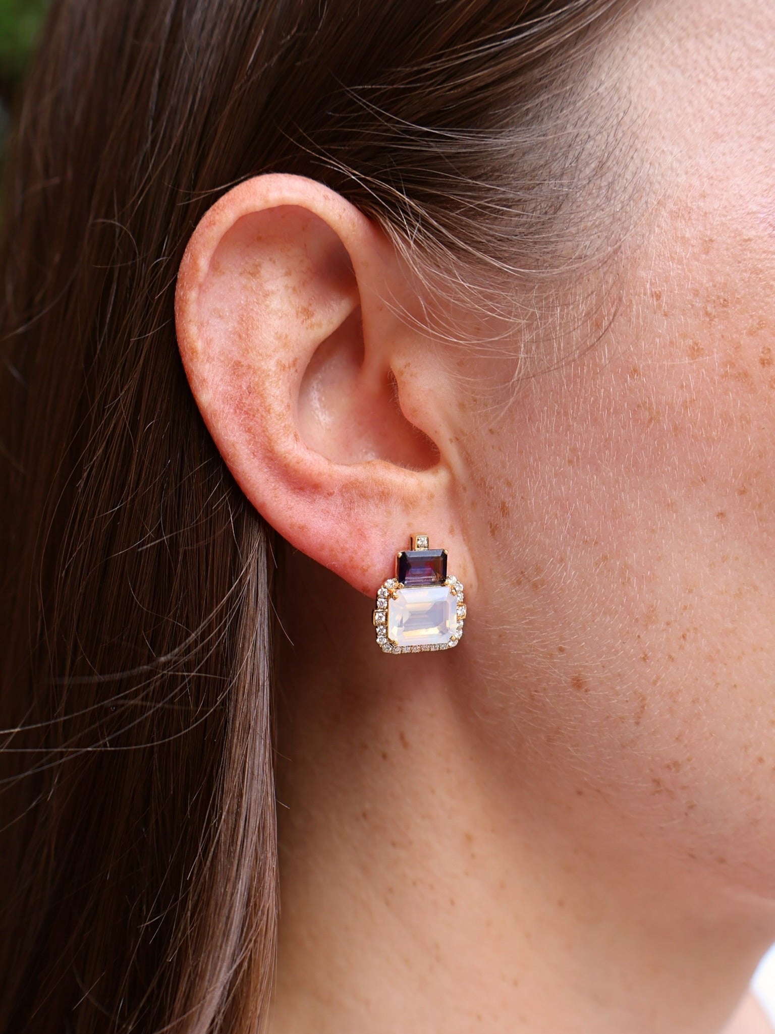 18k yellow gold iolite and white moon quartz two stone diamond emerald cut diamond by Goshwara Tiny Gods