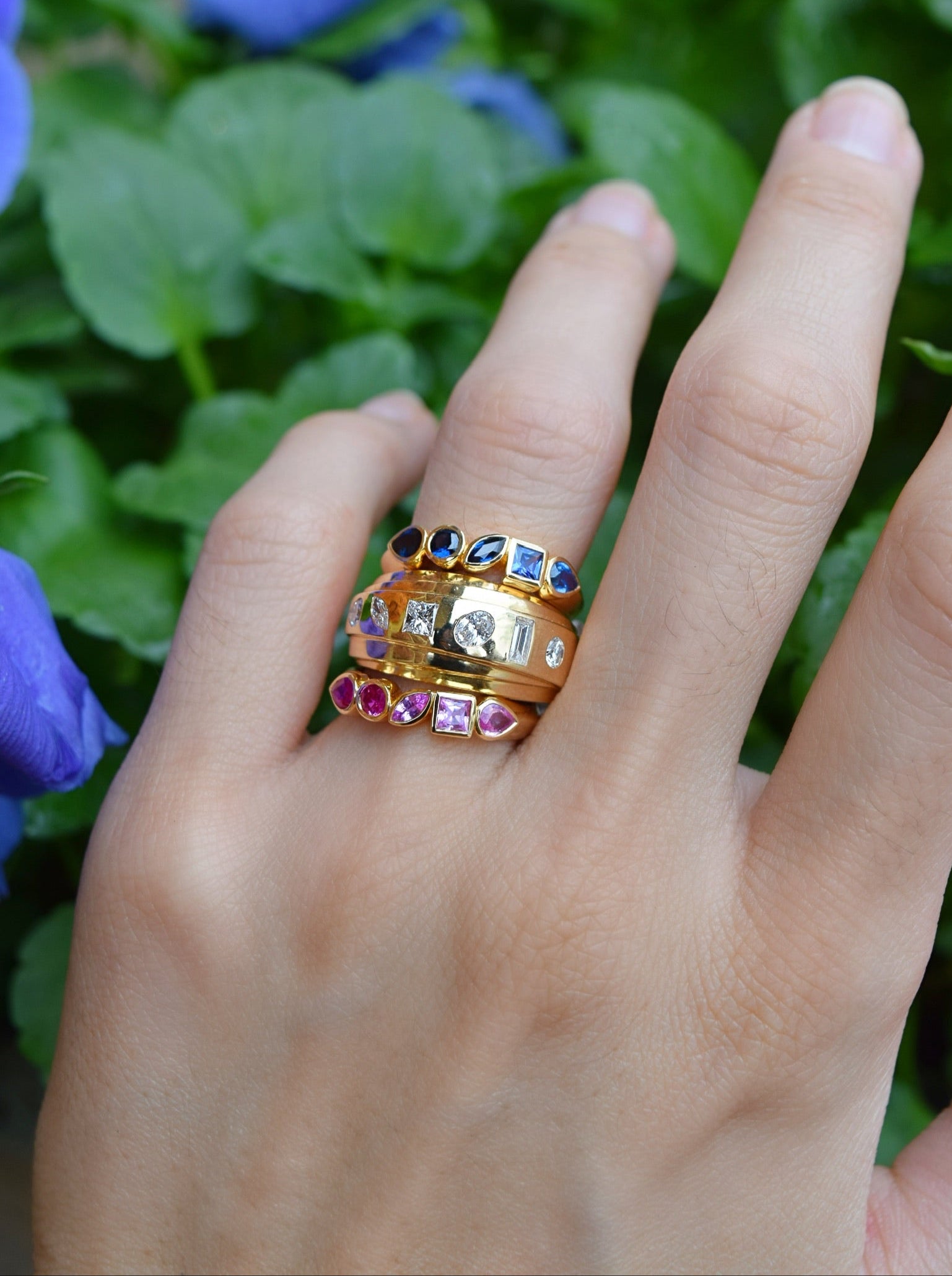 Diamond Monroe Cigar Band by Sorellina 18K yellow gold multi shaped diamond ring