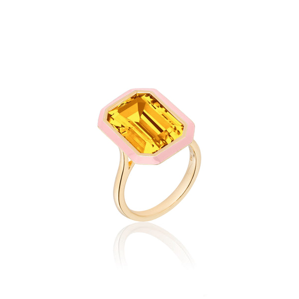 18k yellow gold emerald cut citrine ring with pink enamel border by Goshwara Tiny Gods