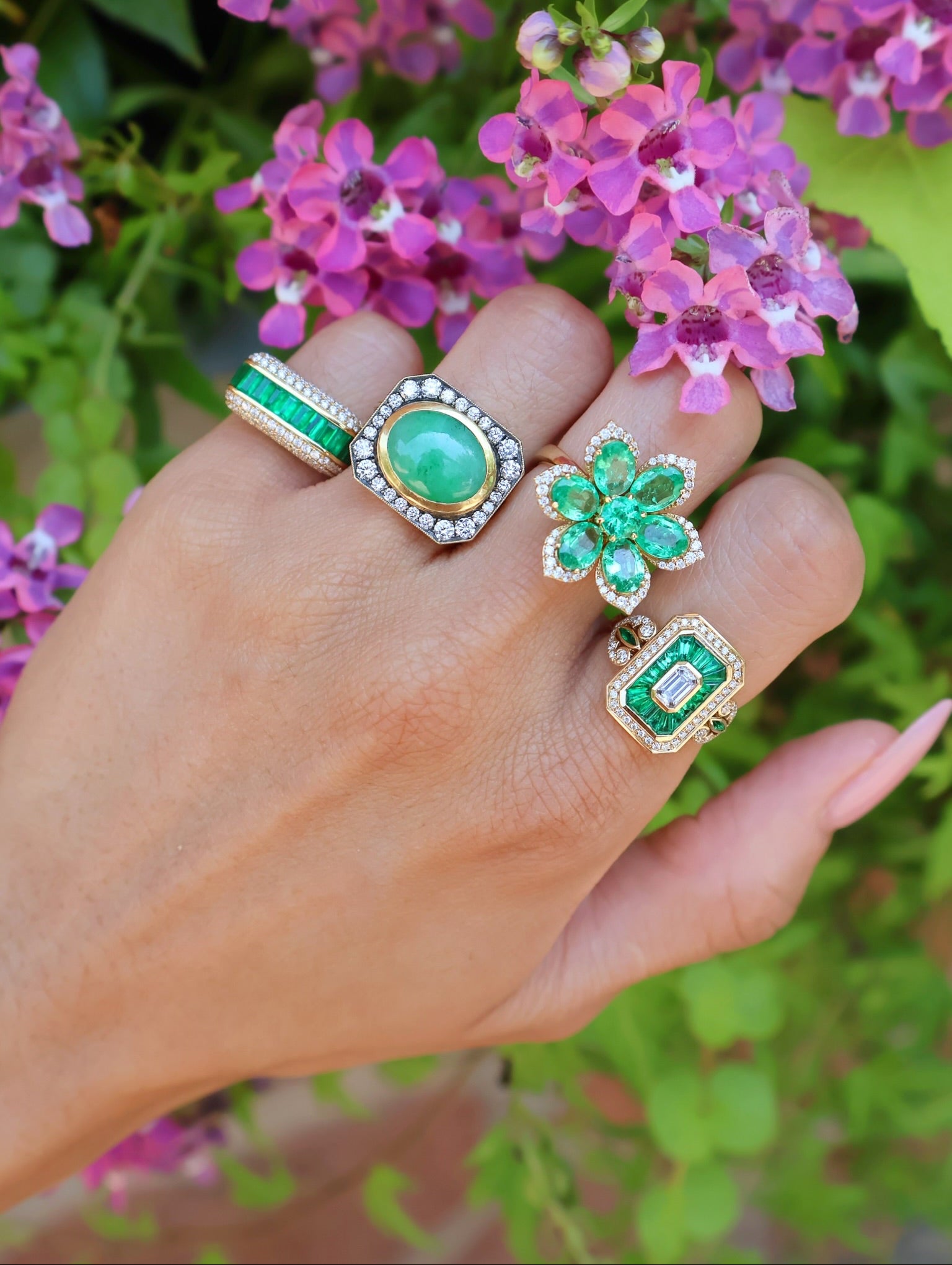 18k yellow gold emerald and diamond flower blossom ring by Goshwara Tiny Gods