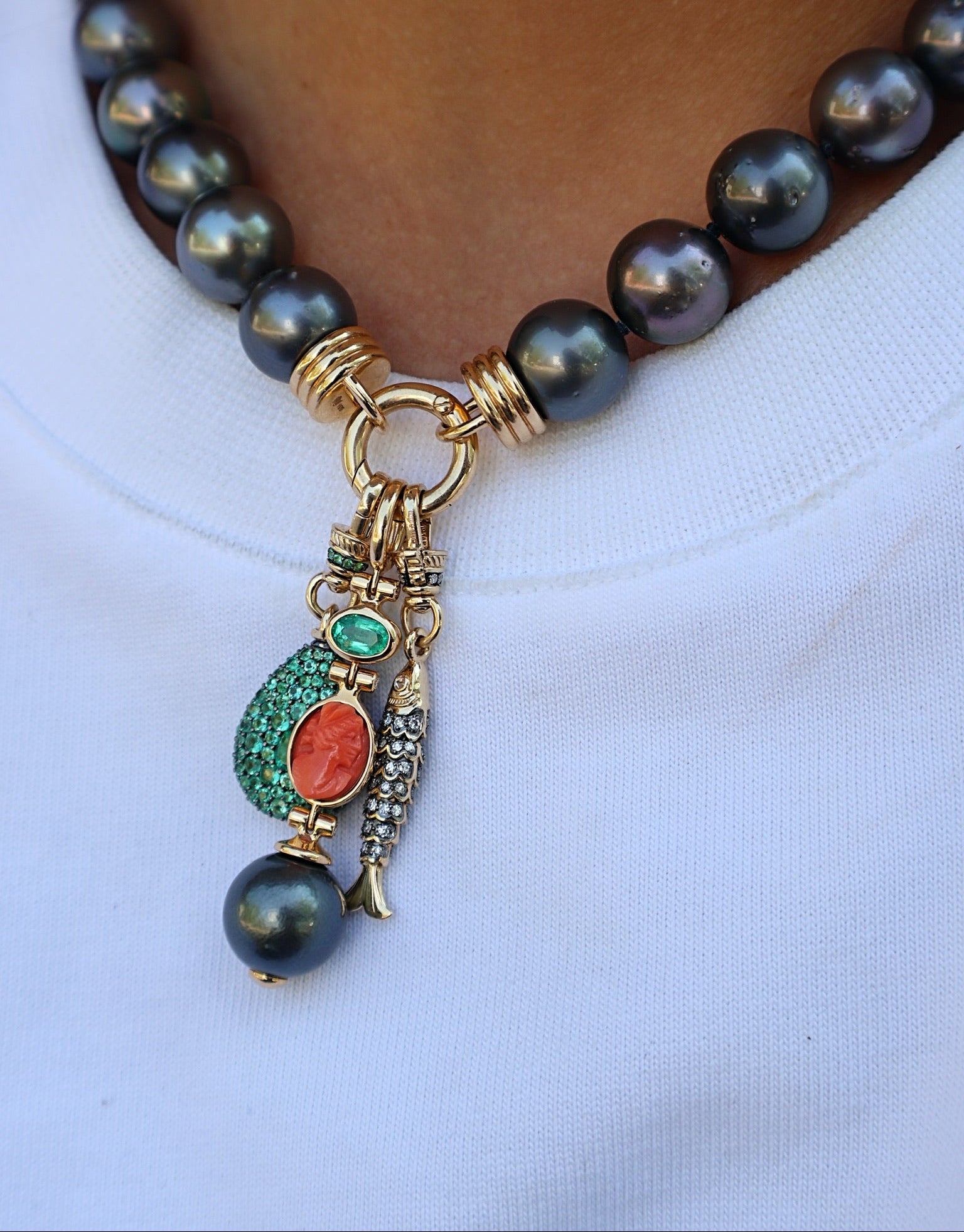 14k yellow gold pear teardrop emerald pendant with Albert clip by Lucy Delius Tiny Gods