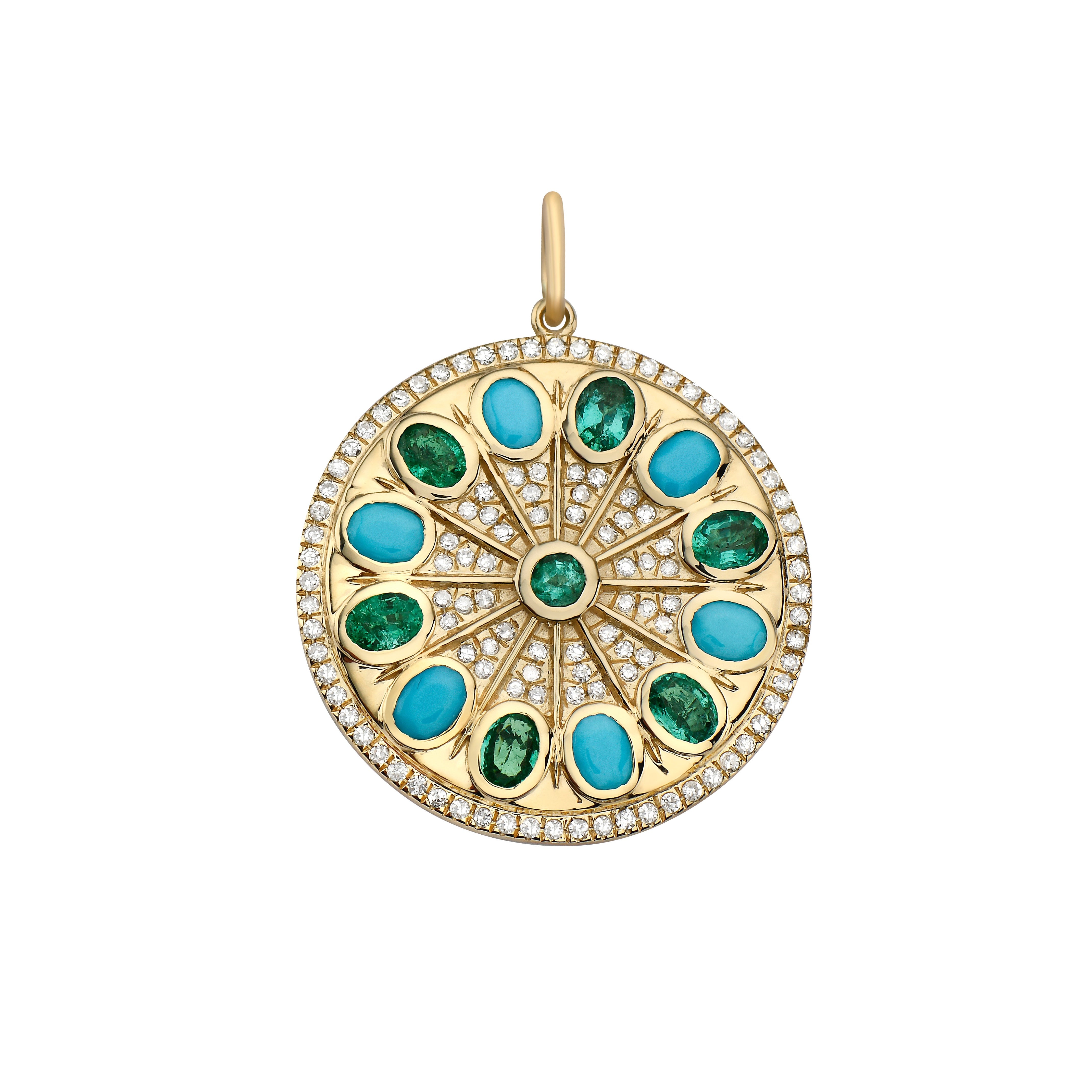 14k yellow gold emerald and turquoise serenity amulet charm by Lionheart Tiny Gods
