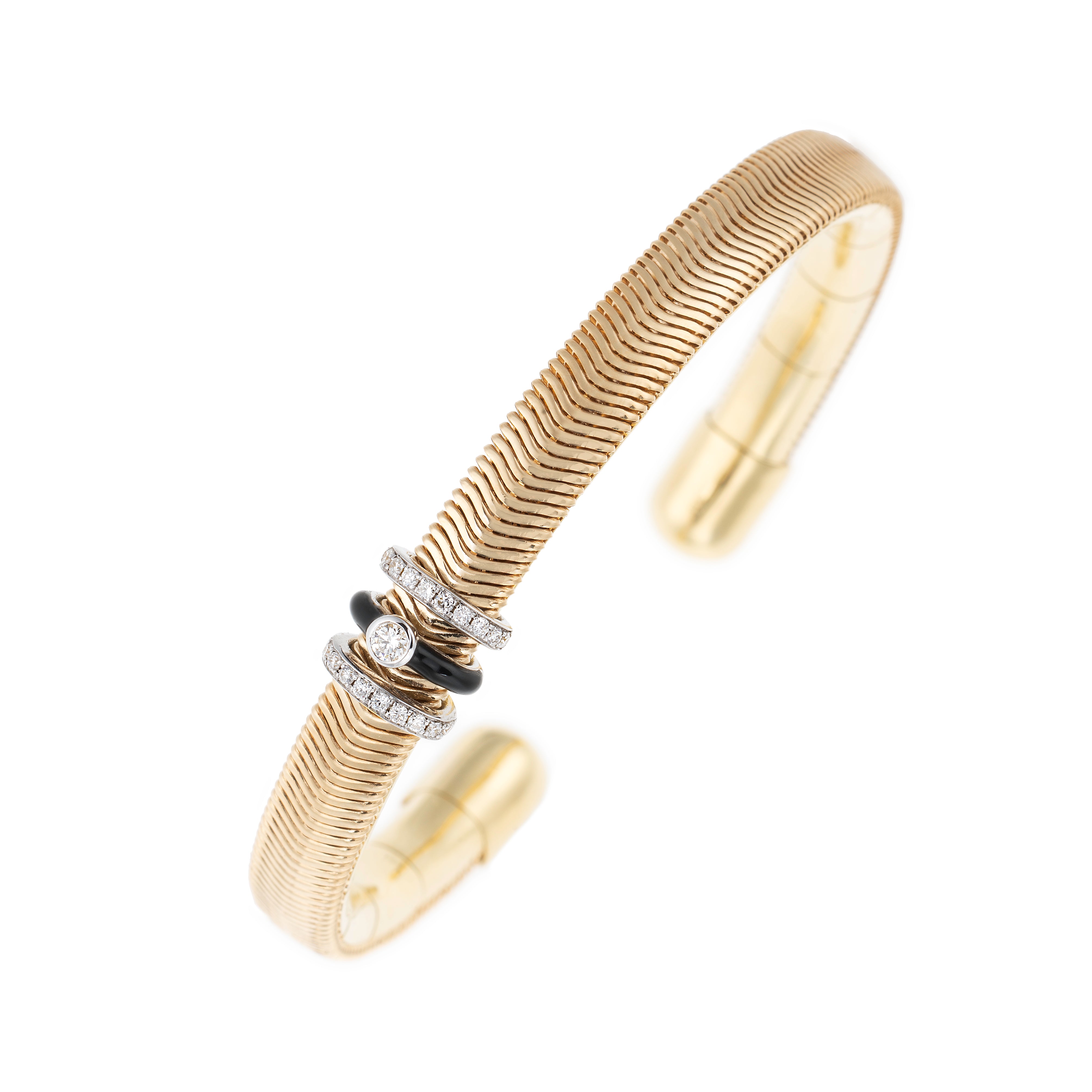 18k yellow gold feelings cuff with black enamel and diamonds by Nikos Koulis Tiny Gods