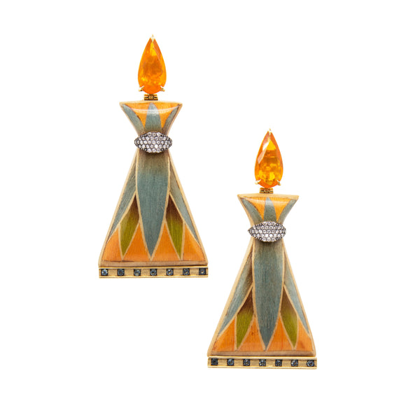 18k yellow gold fire opal and diamond Egypt marquetry earrings by Silvia Furmanovich Tiny Gods