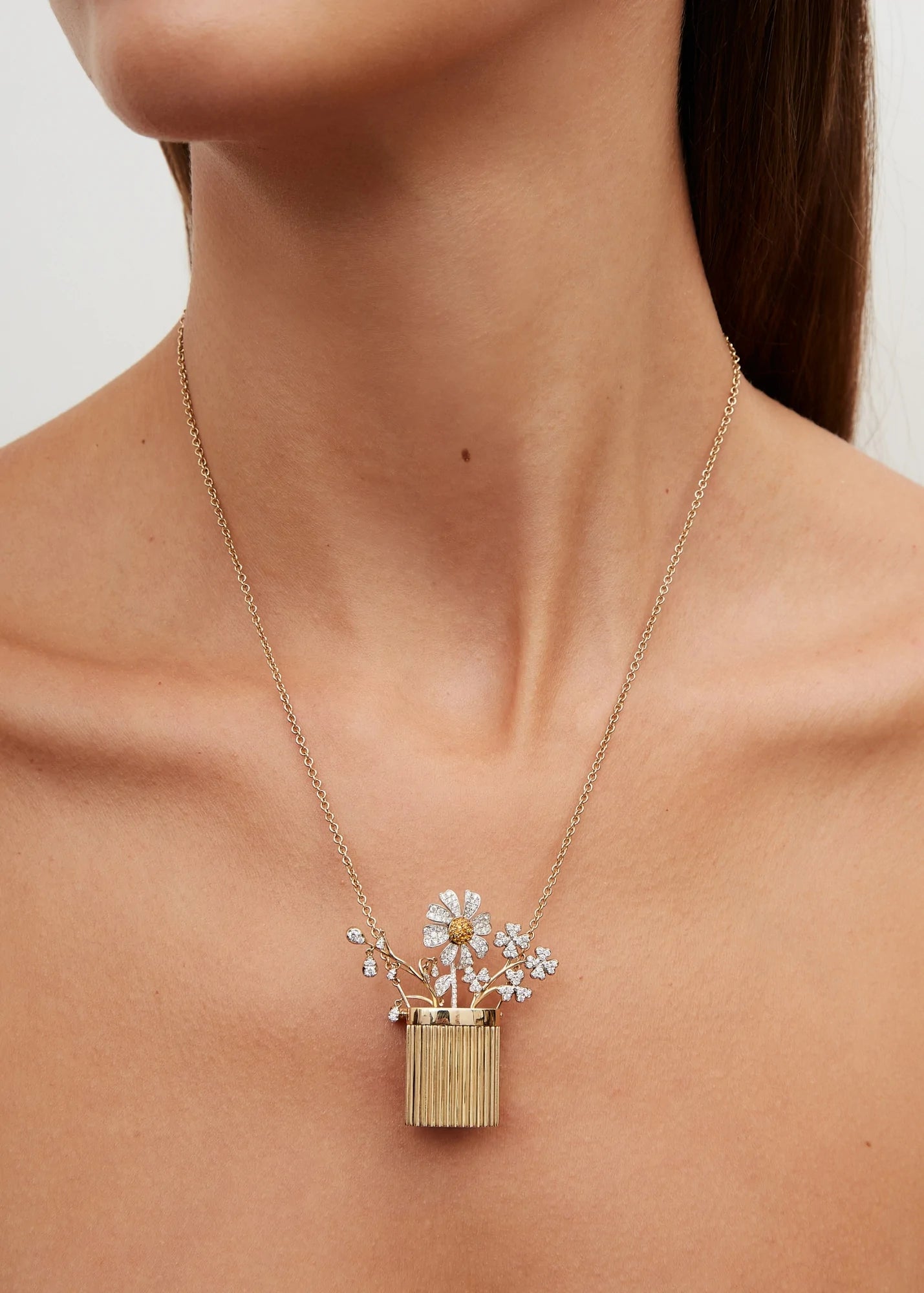Yellow gold and diamond flower vase brooch pendant necklace with flower stem holder by Yvonne Leon and Tiny Gods