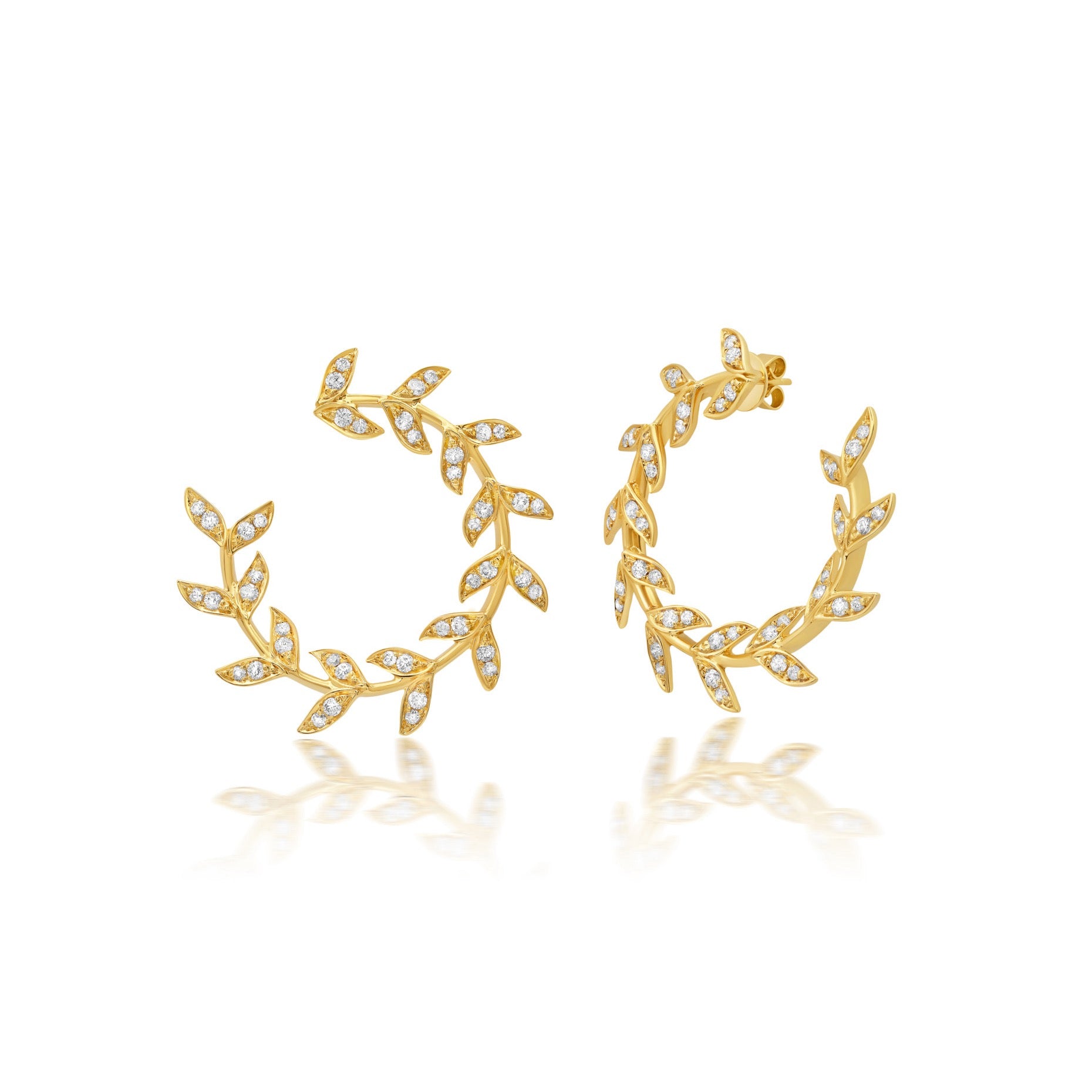 18k yellow gold folha forward facing hoop diamond earrings by Graziela Tiny Gods