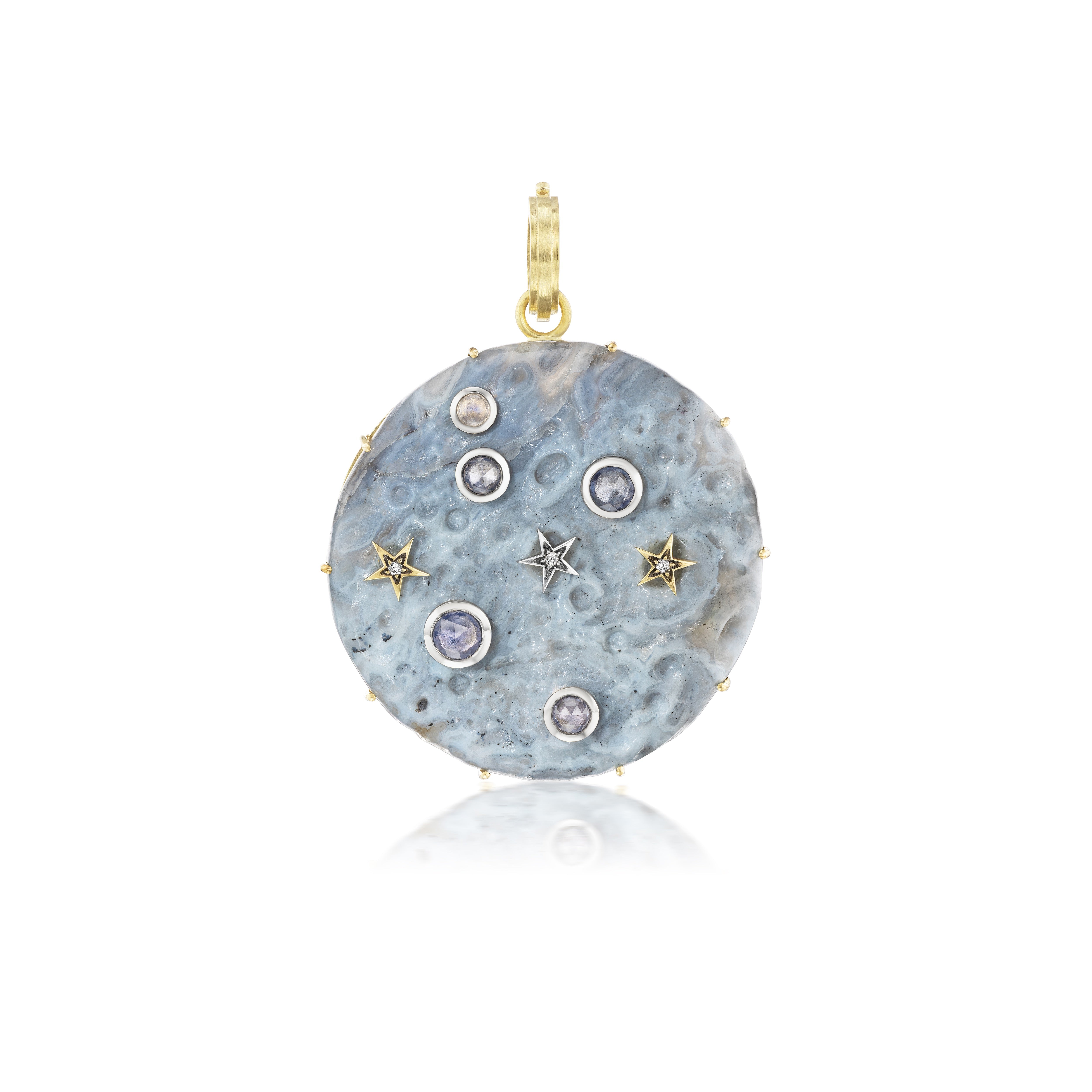 18k yellow gold fossilized mammoth moon pendant with diamond and sapphire stars by Sylva & Cie Tiny Gods