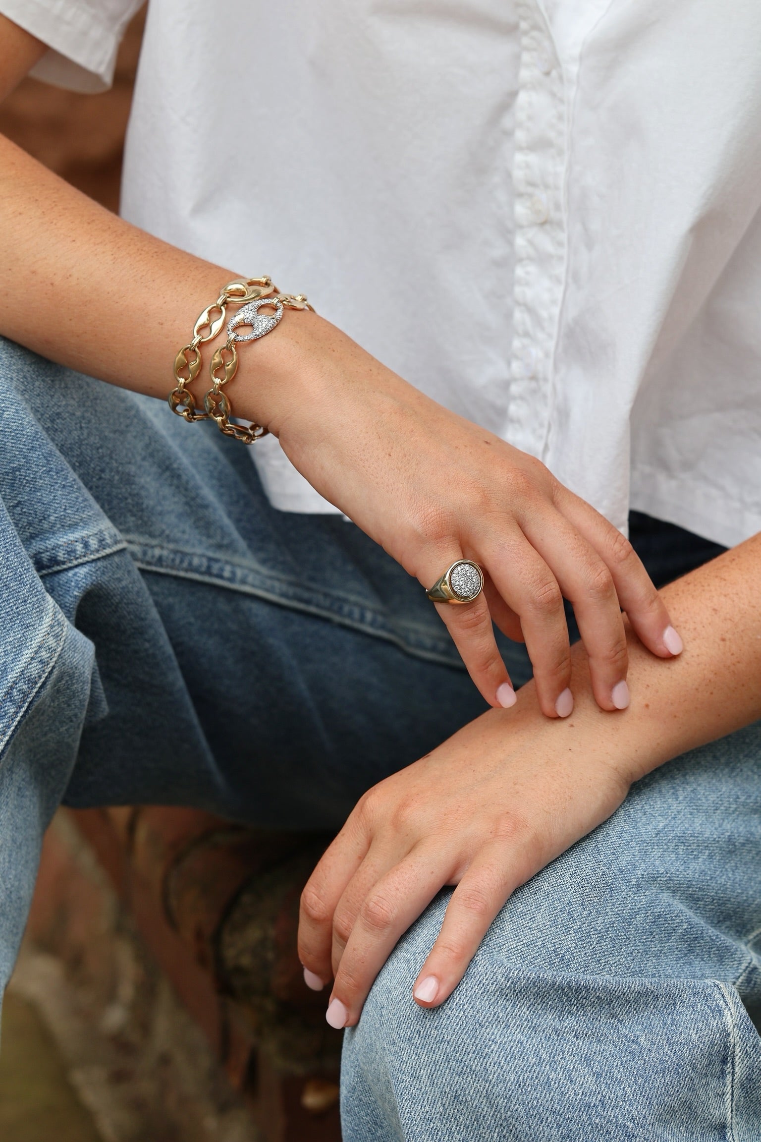 14k yellow gold and diamond pave mariner link persephone bracelet by Lucy delius tiny gods on model