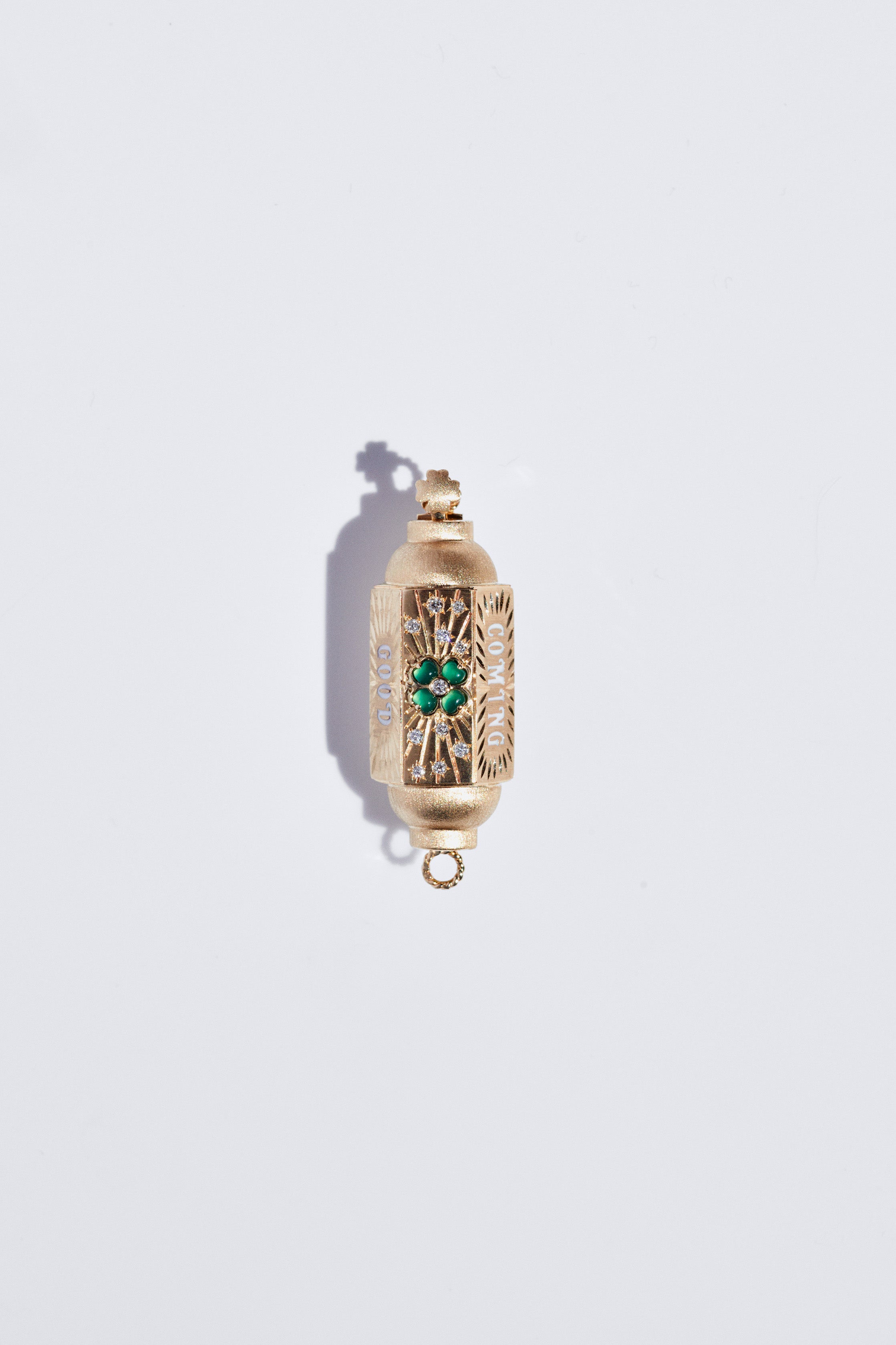 14k yellow gold good things comes to those that wait locket necklace pendant with diamonds and green clovers by Marie Lichtenberg Tiny Gods